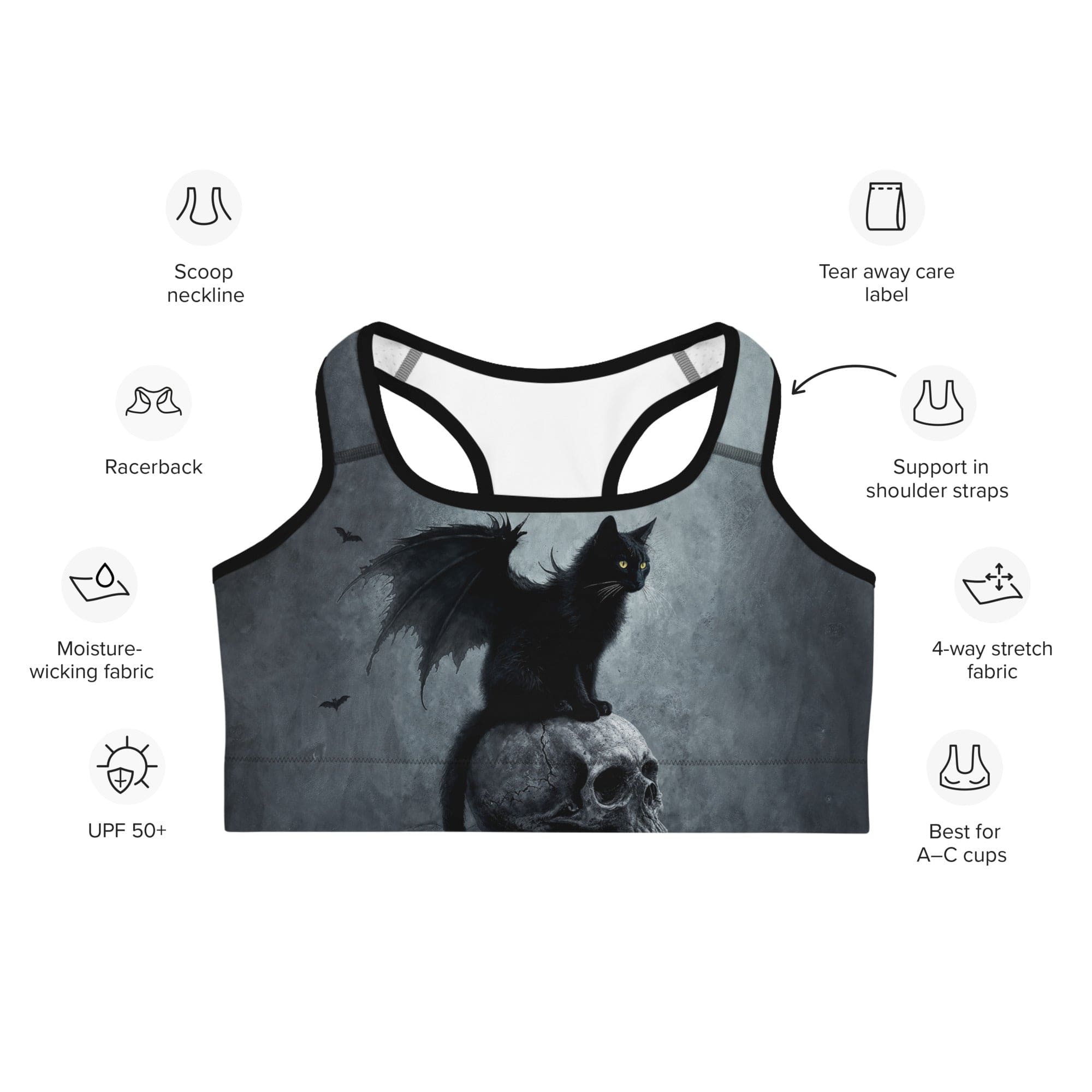 Halloween Black Cat & Skull Sports Bra