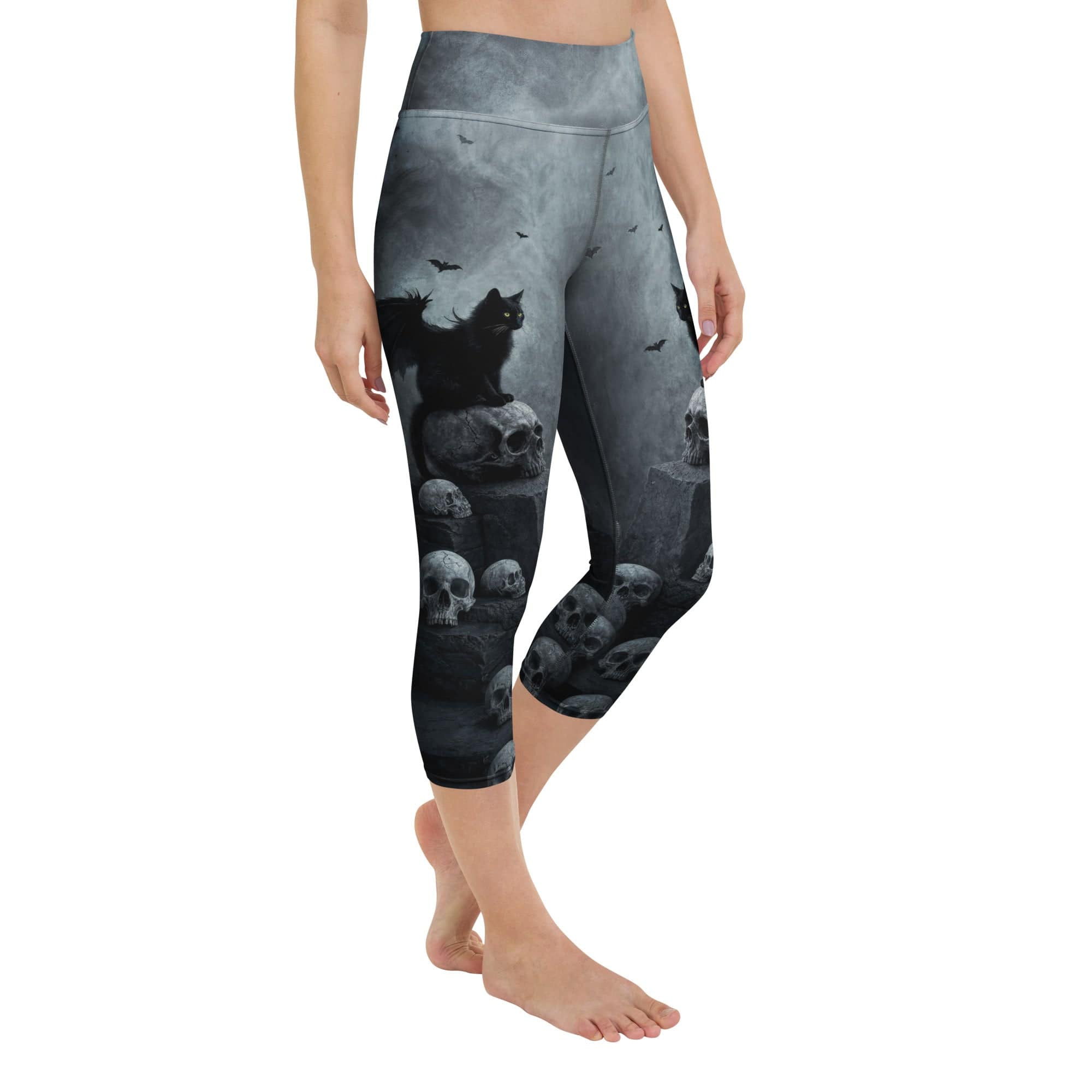 Halloween Black Cat & Skull Yoga Capris
