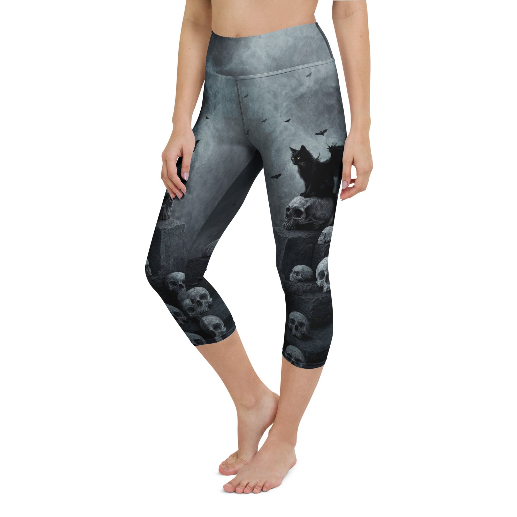 Halloween Black Cat & Skull Yoga Capris