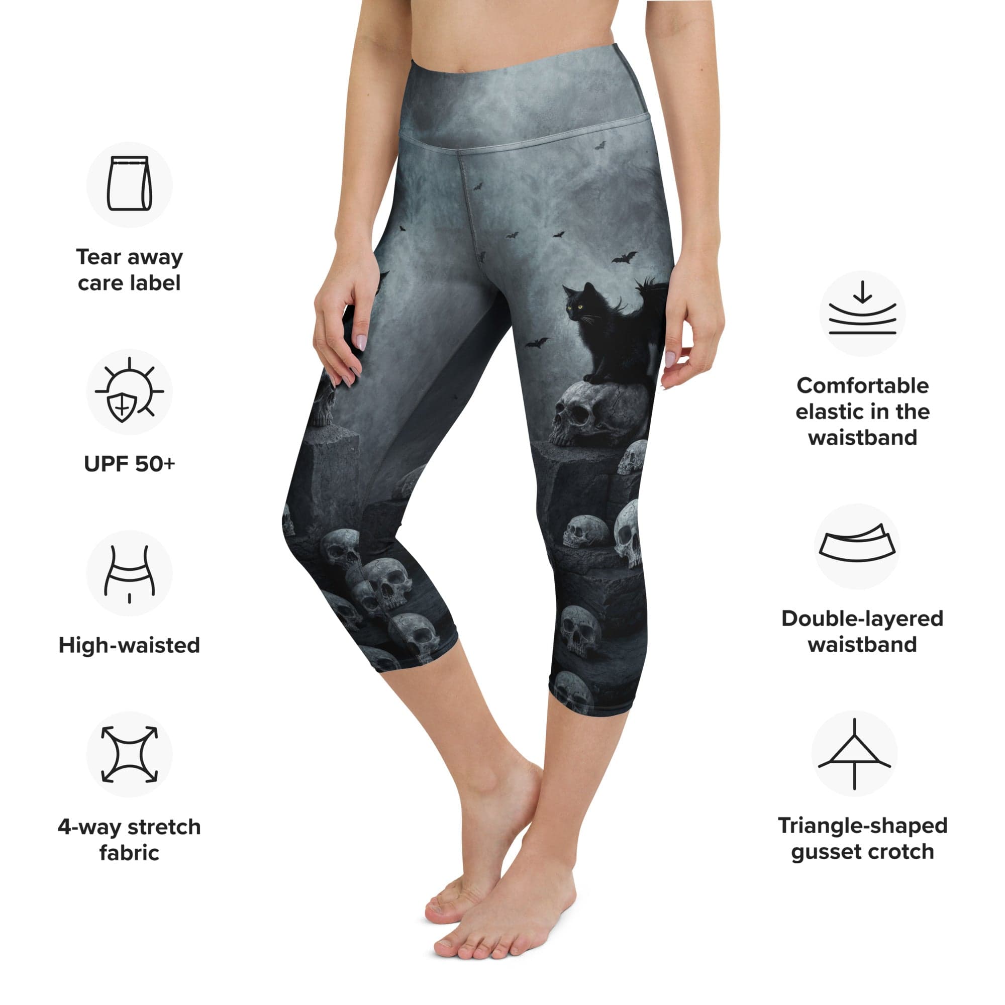 Halloween Black Cat & Skull Yoga Capris