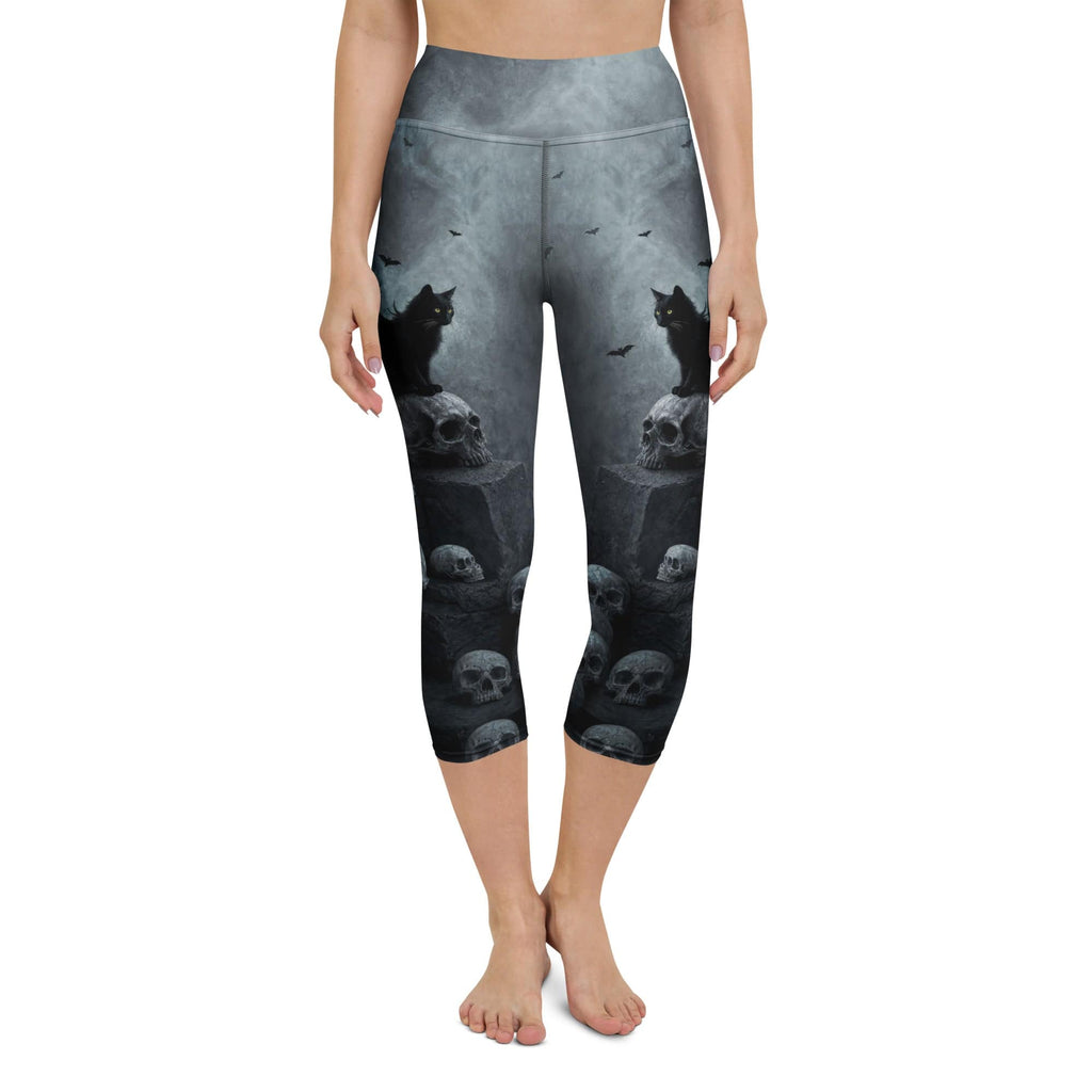 Halloween Black Cat & Skull Yoga Capris