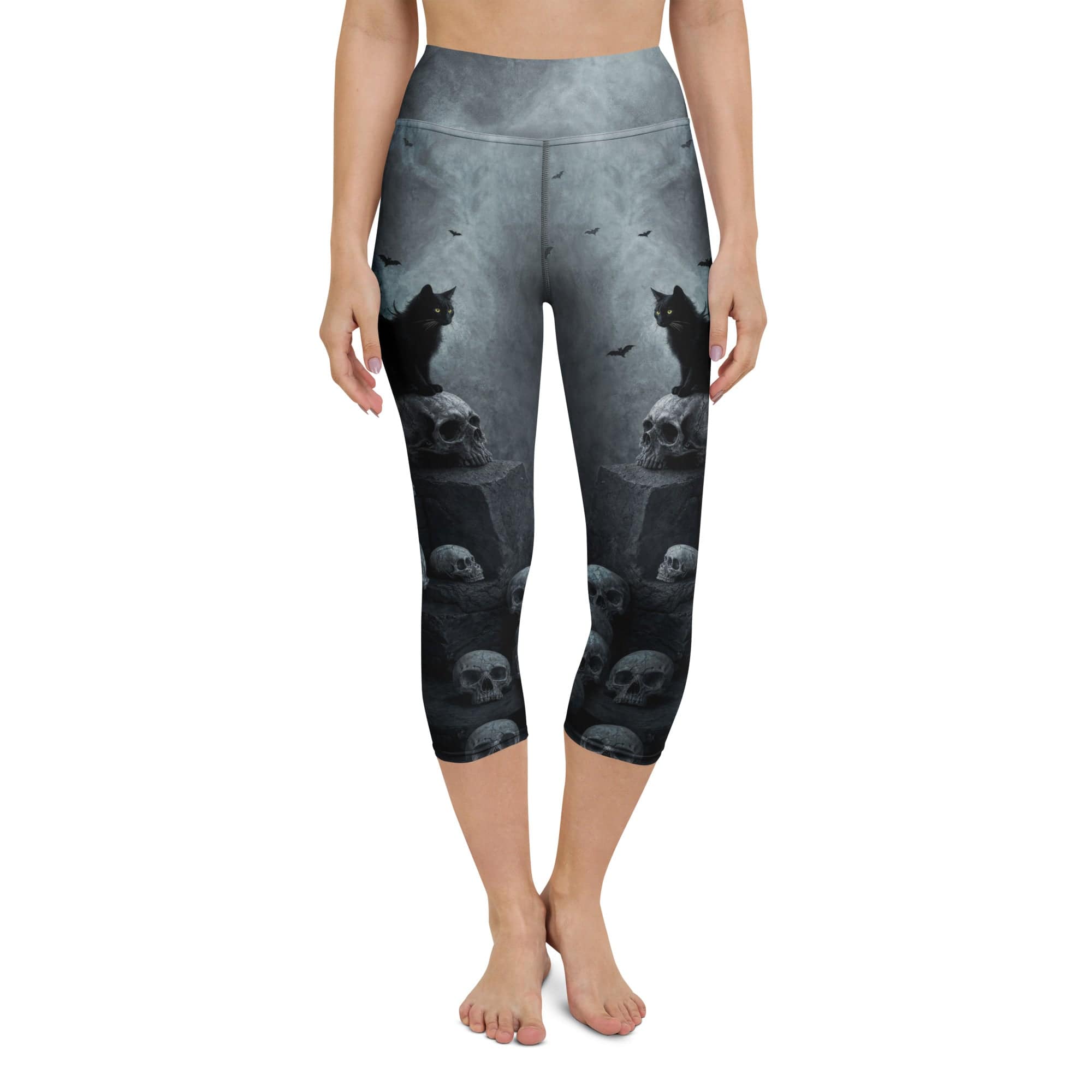 Halloween Black Cat & Skull Yoga Capris