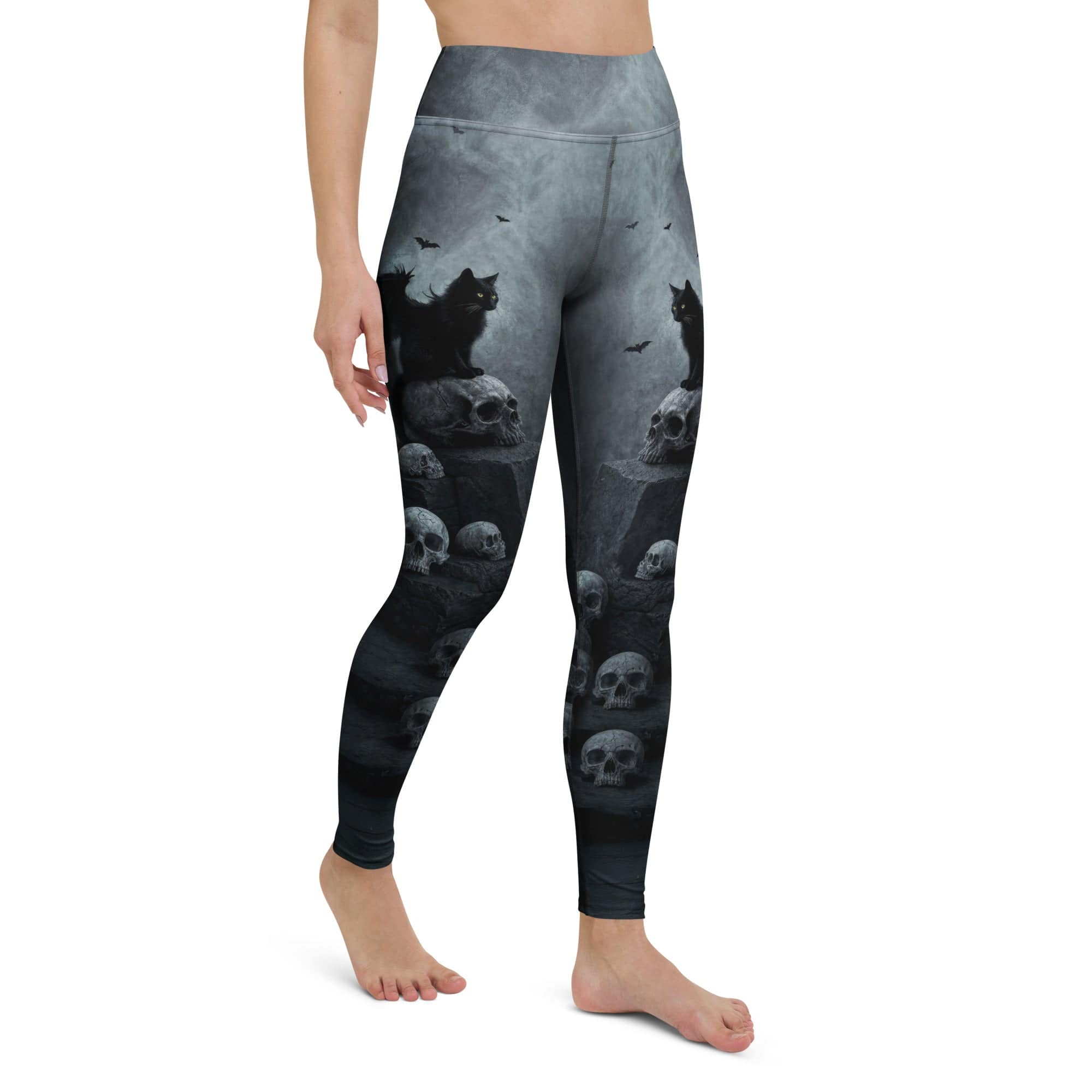 Halloween Black Cat & Skull Yoga Leggings