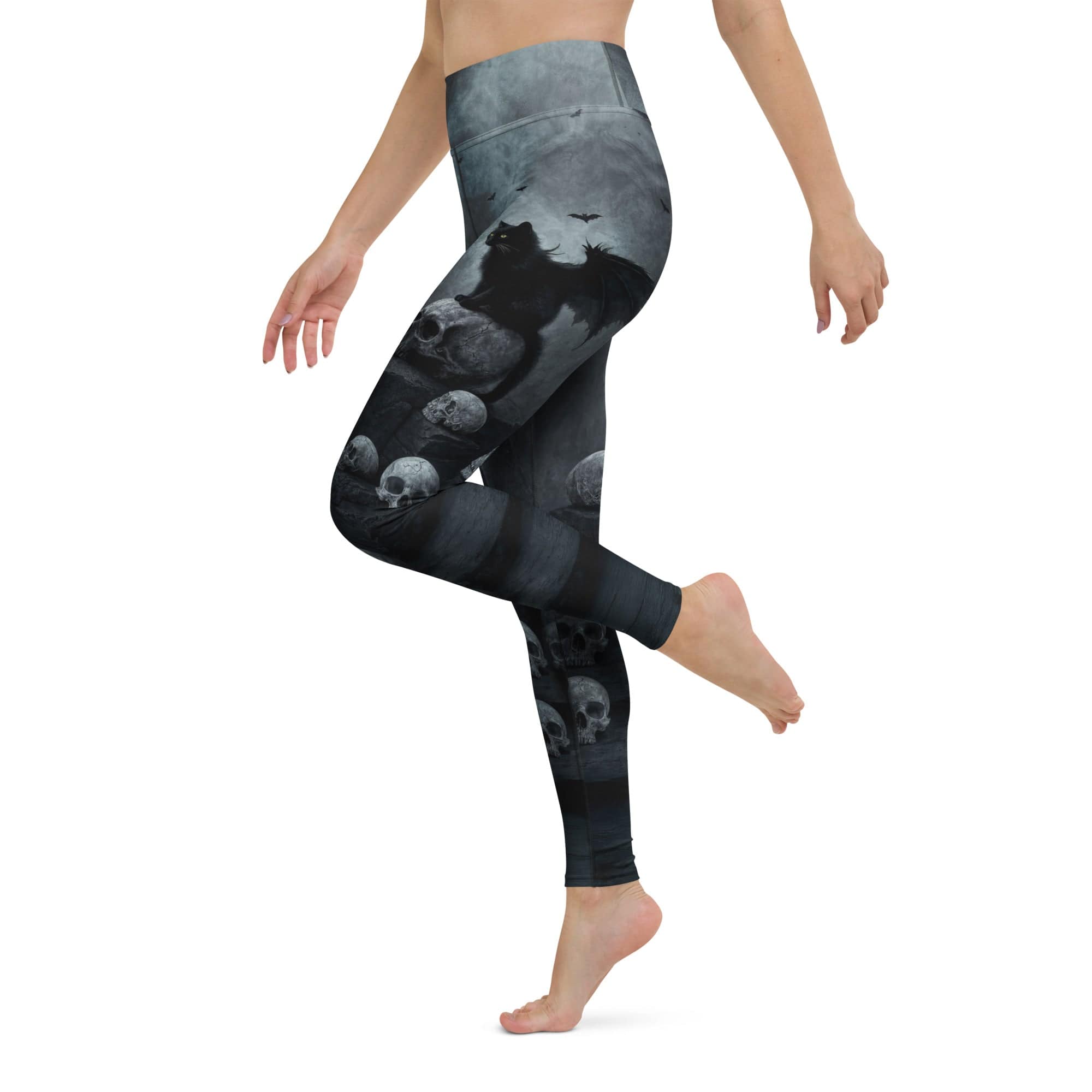 Halloween Black Cat & Skull Yoga Leggings