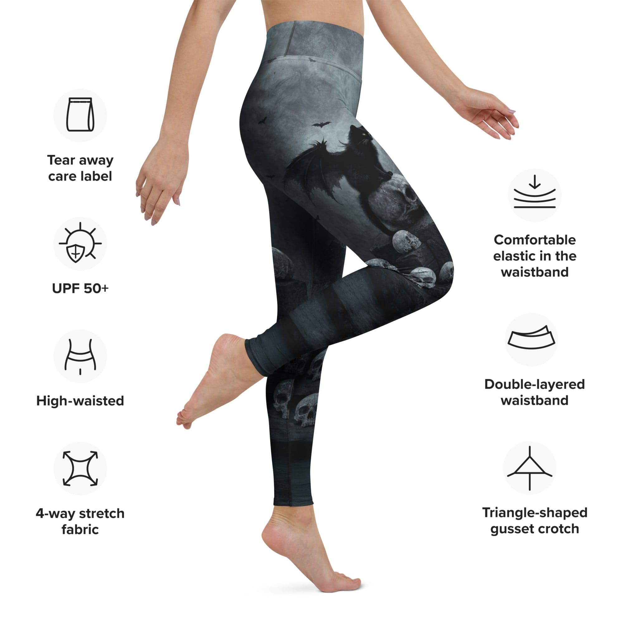 Halloween Black Cat & Skull Yoga Leggings