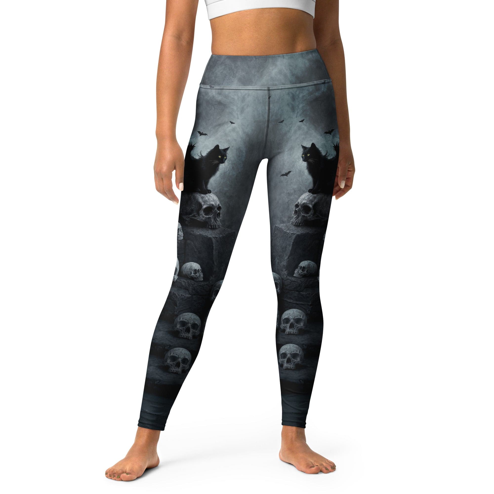Halloween Black Cat & Skull Yoga Leggings