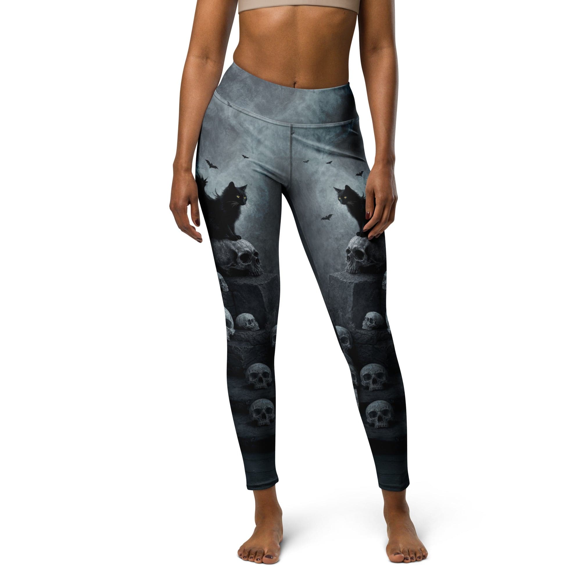 Halloween Black Cat & Skull Yoga Leggings