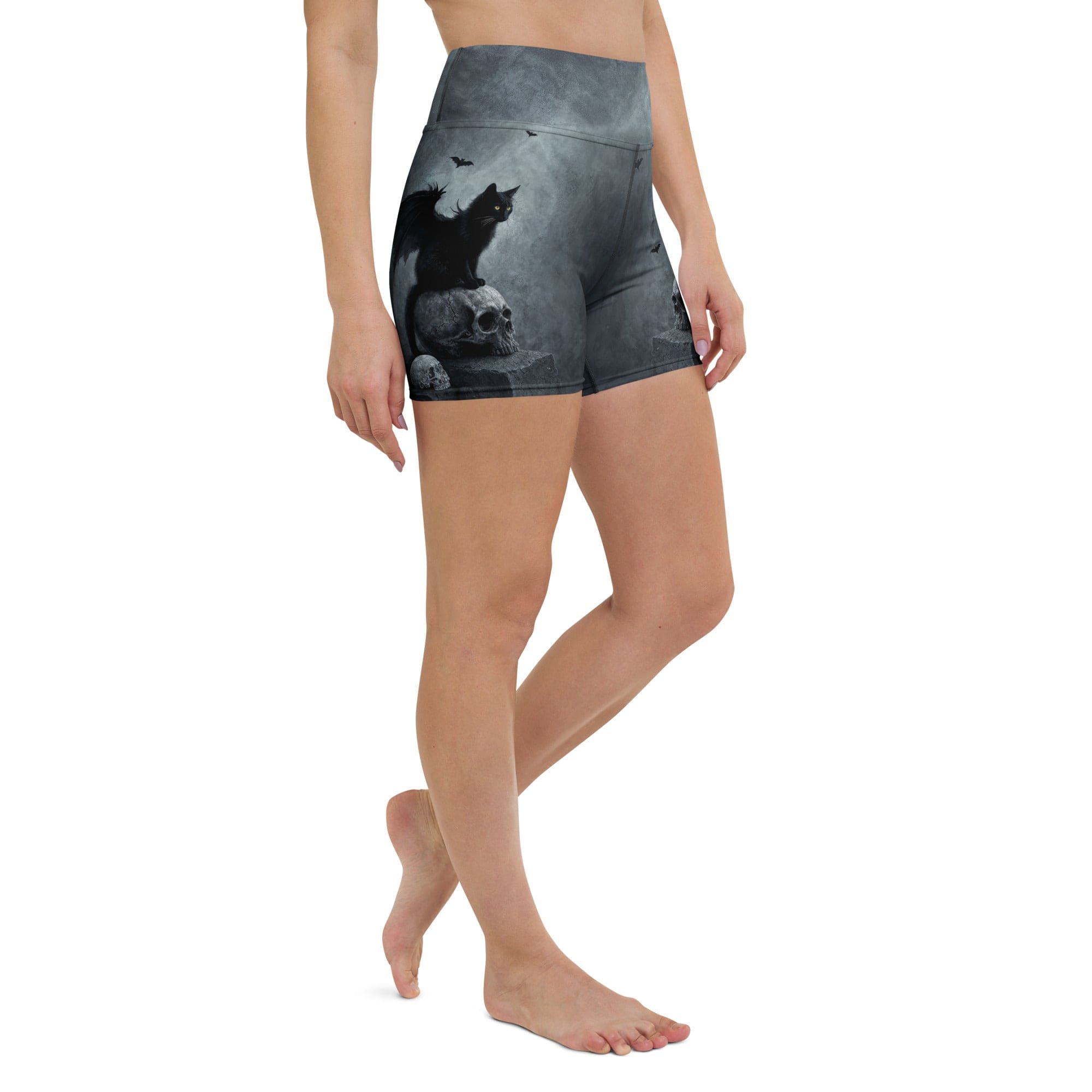 Halloween Black Cat & Skull Yoga Shorts