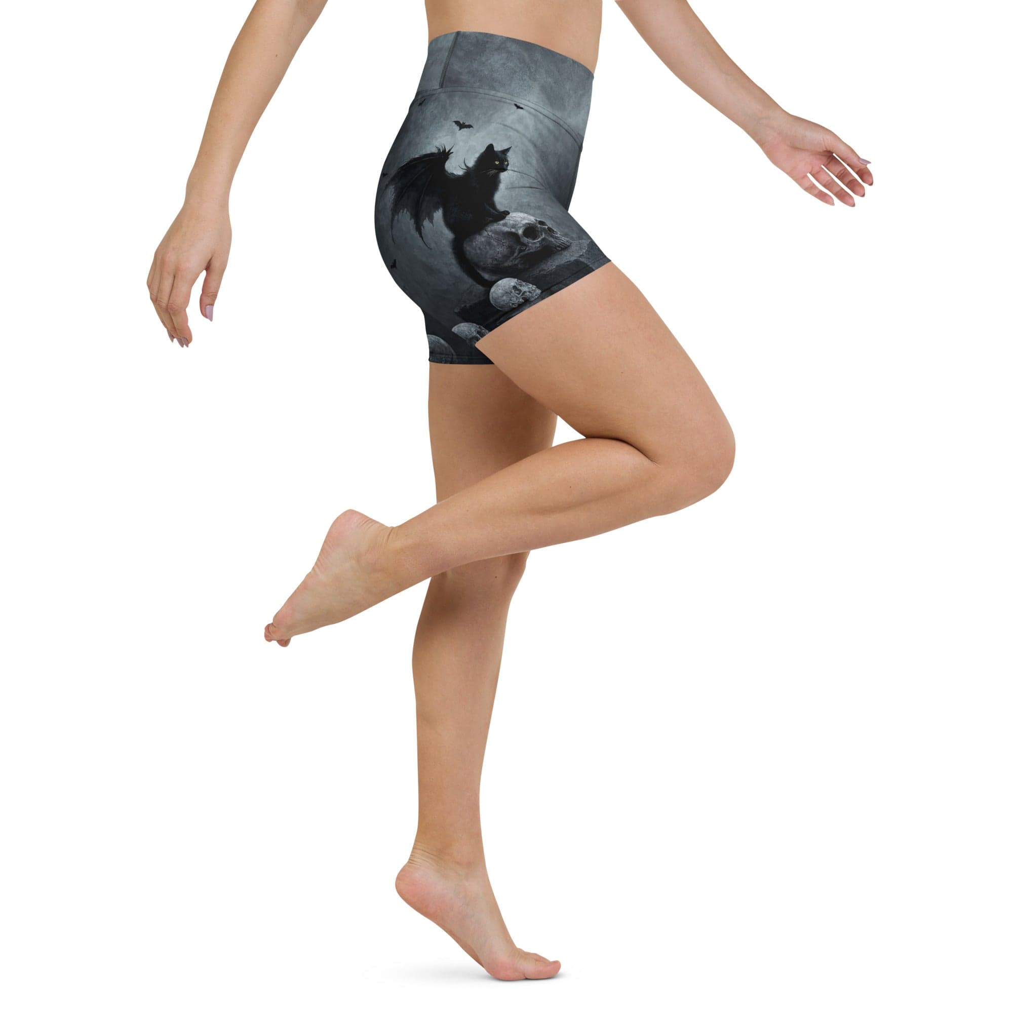 Halloween Black Cat & Skull Yoga Shorts