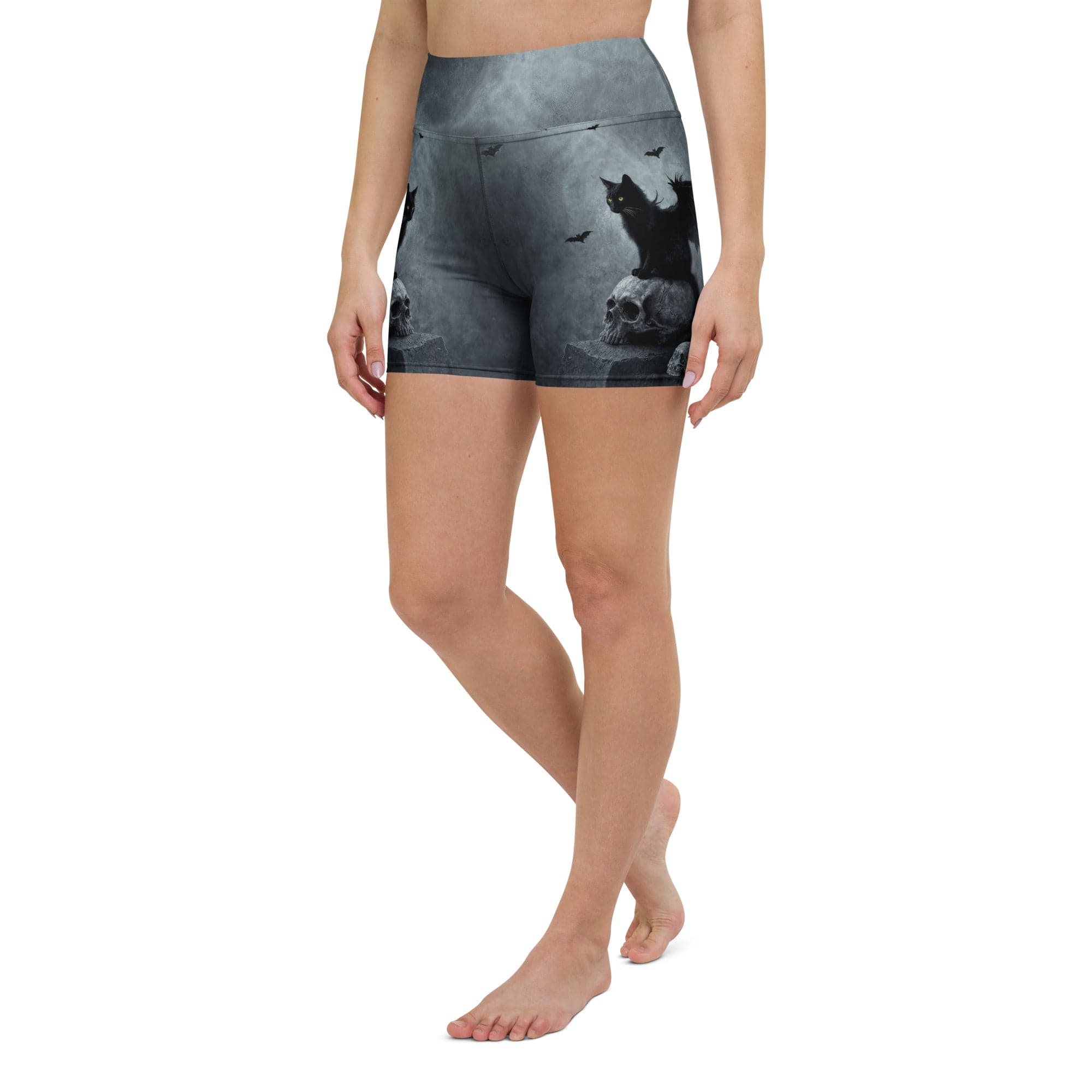Halloween Black Cat & Skull Yoga Shorts