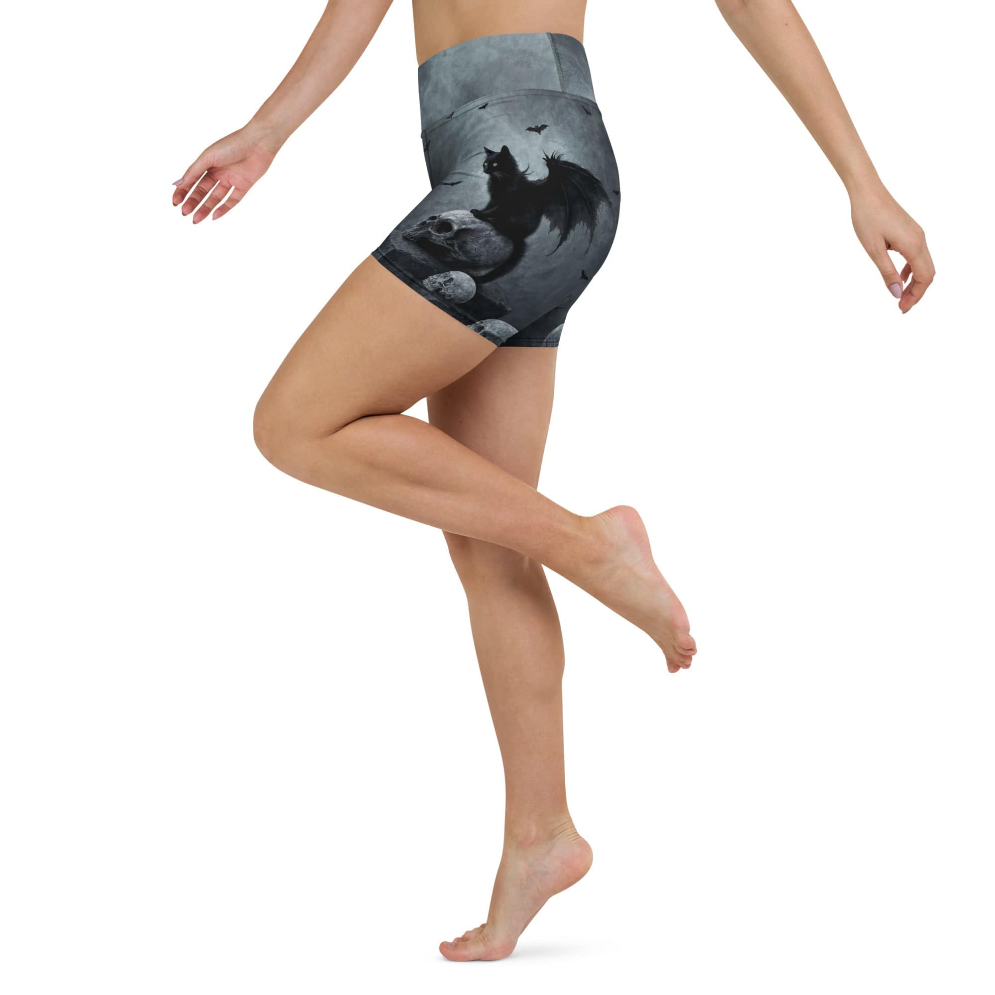 Halloween Black Cat & Skull Yoga Shorts