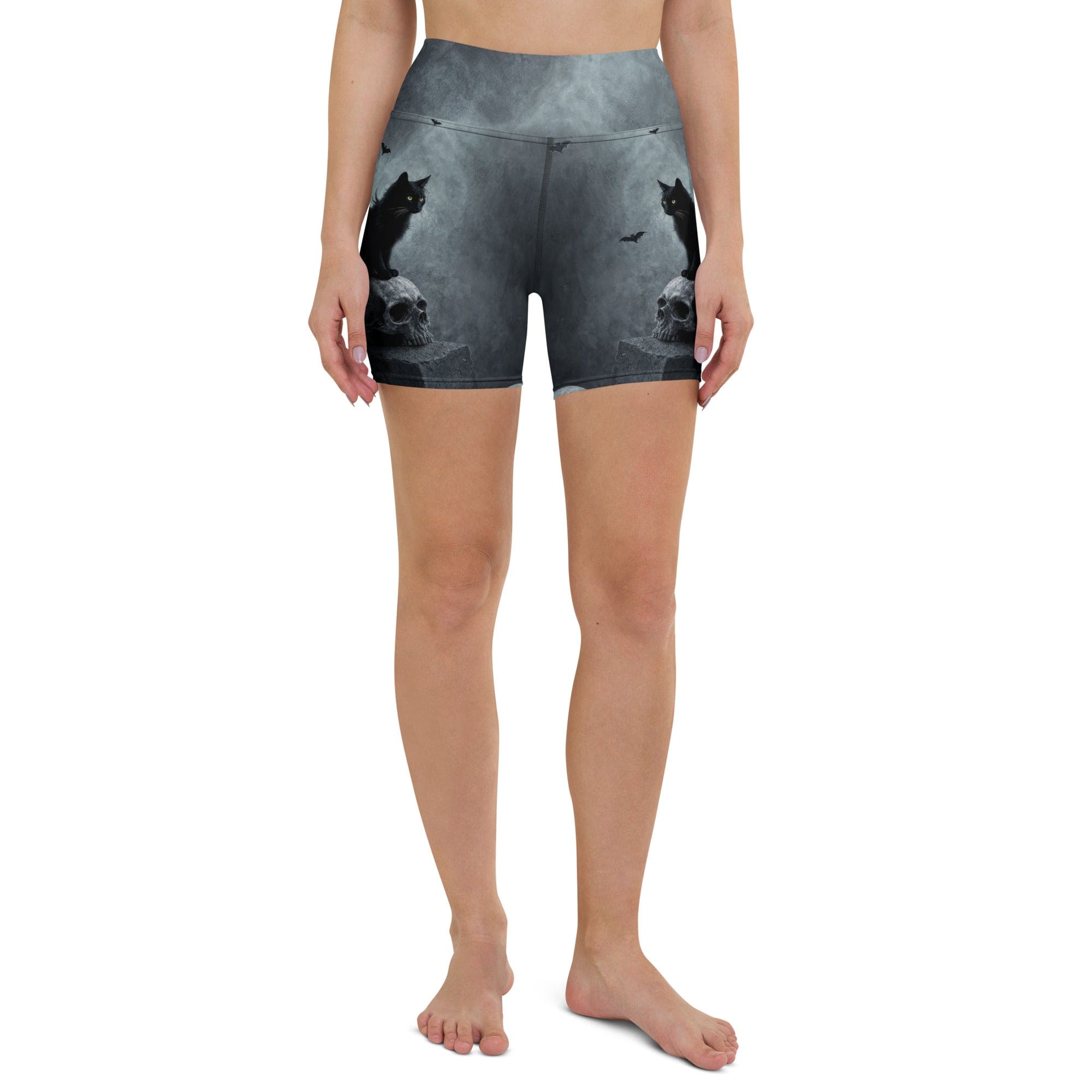 Halloween Black Cat & Skull Yoga Shorts