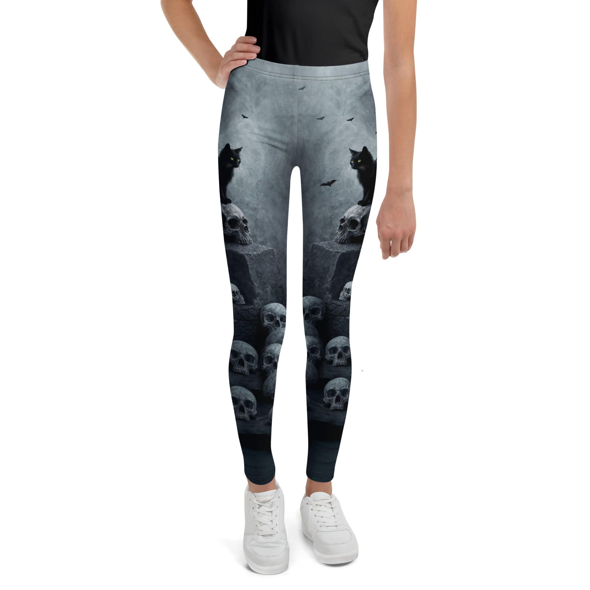 Halloween Black Cat & Skull Youth Leggings