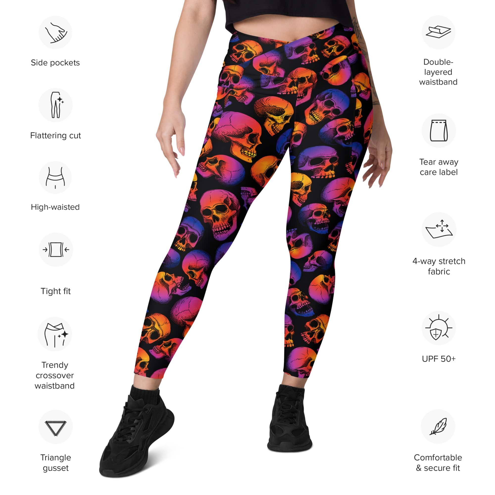 Halloween Skulls Crossover Leggings With Pockets