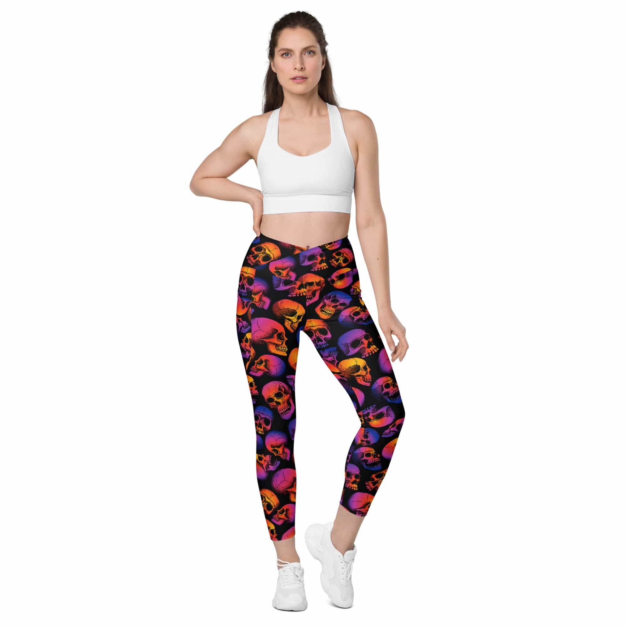 Halloween Skulls Crossover Leggings With Pockets