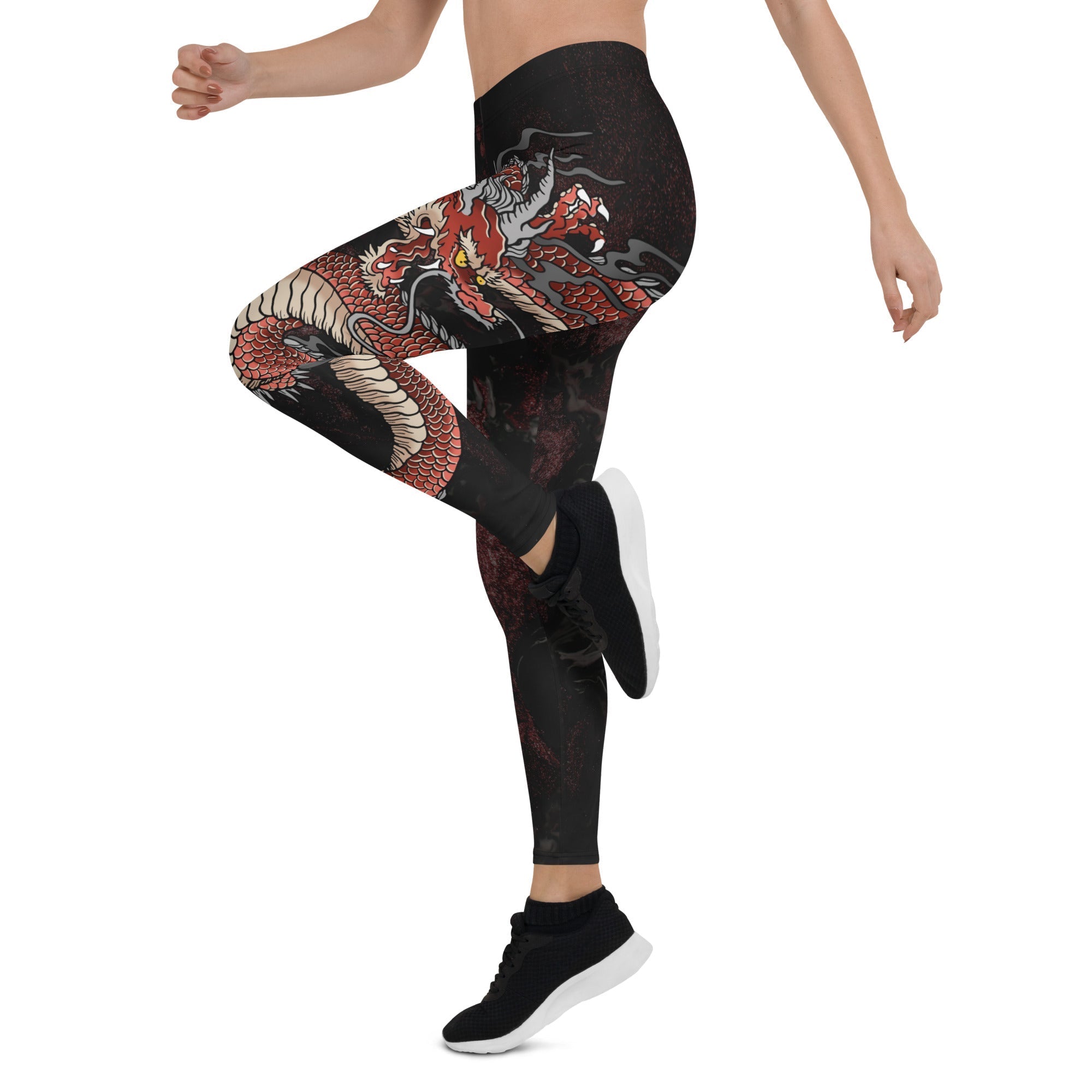 Black Japanese Dragon Printed Leggings FIERCEPULSE