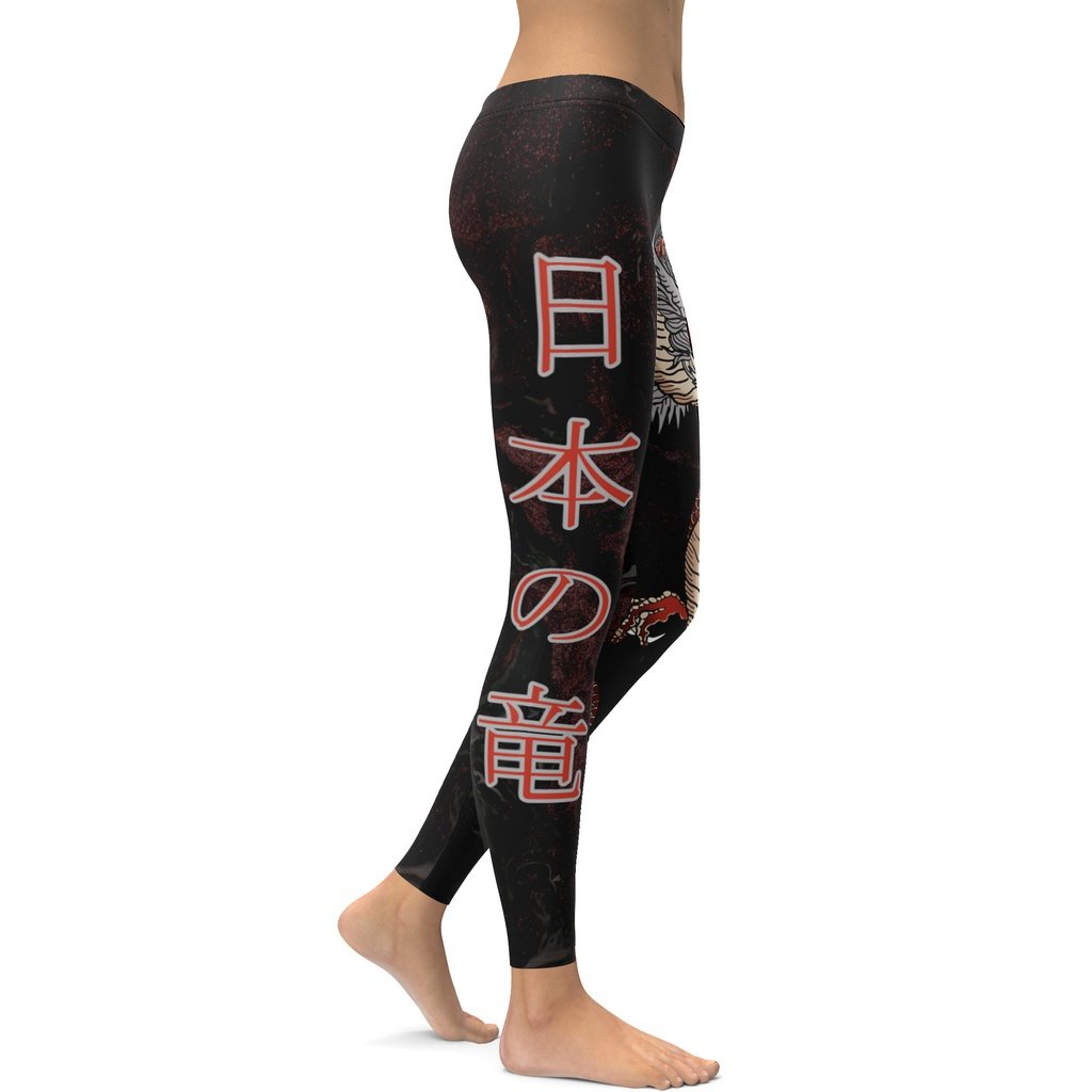 Black Japanese Dragon Printed Leggings | FIERCEPULSE