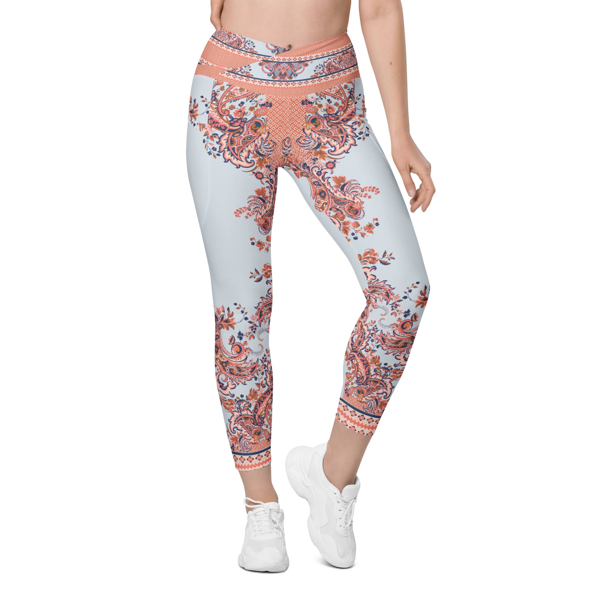 Mediterranean Paisley Crossover Leggings With Pockets
