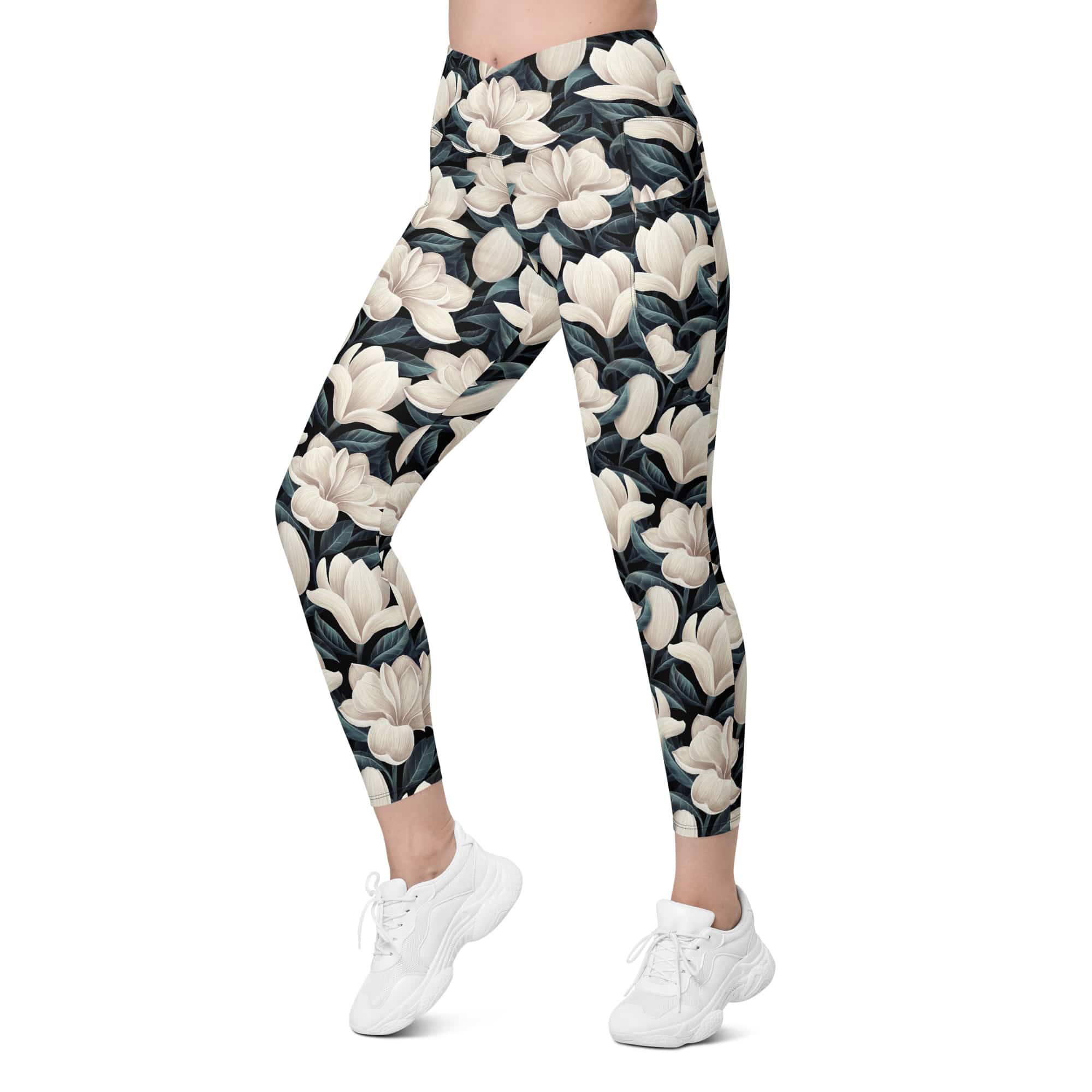 Midnight Magnolias Crossover Leggings With Pockets