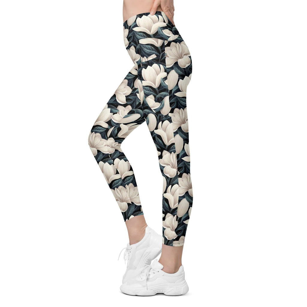 Midnight Magnolias Crossover Leggings With Pockets