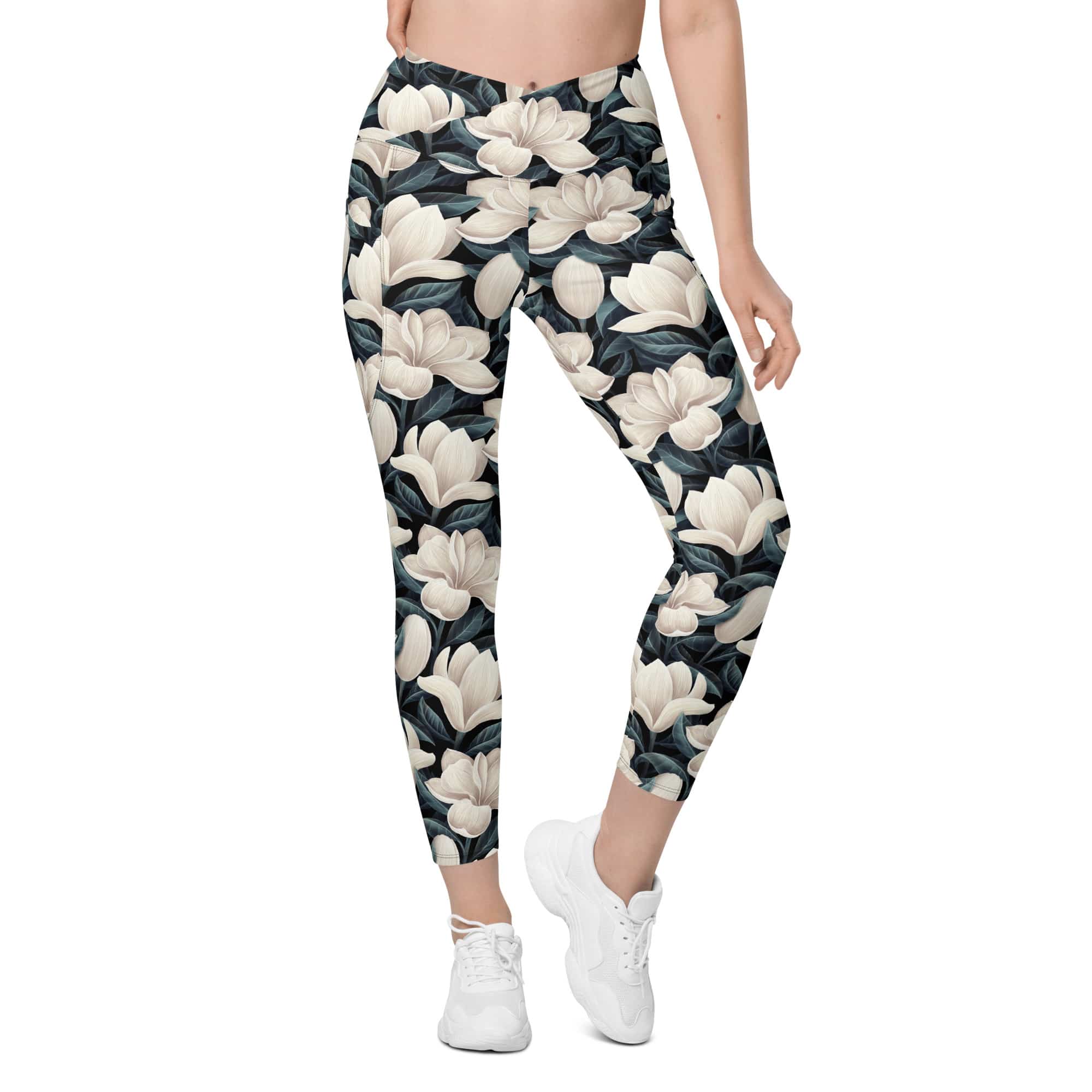 Midnight Magnolias Crossover Leggings With Pockets