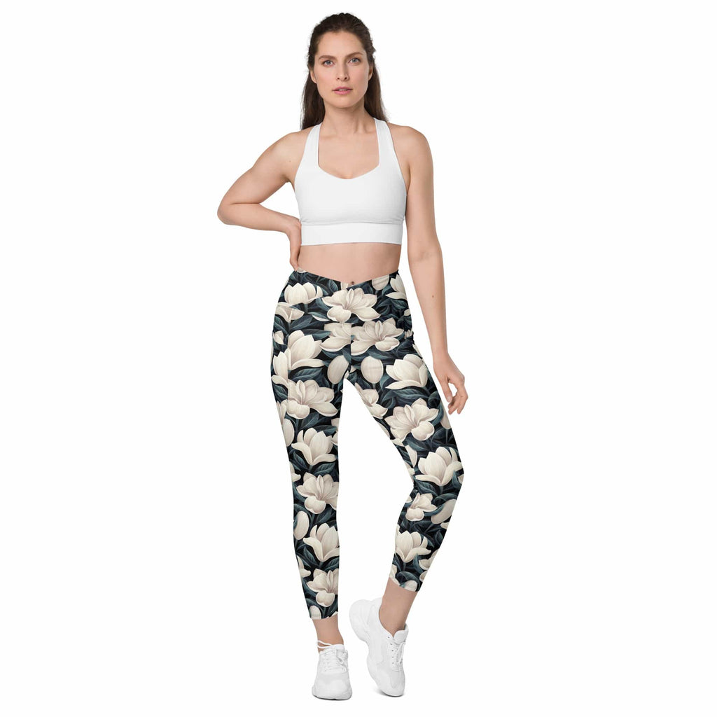 Midnight Magnolias Crossover Leggings With Pockets