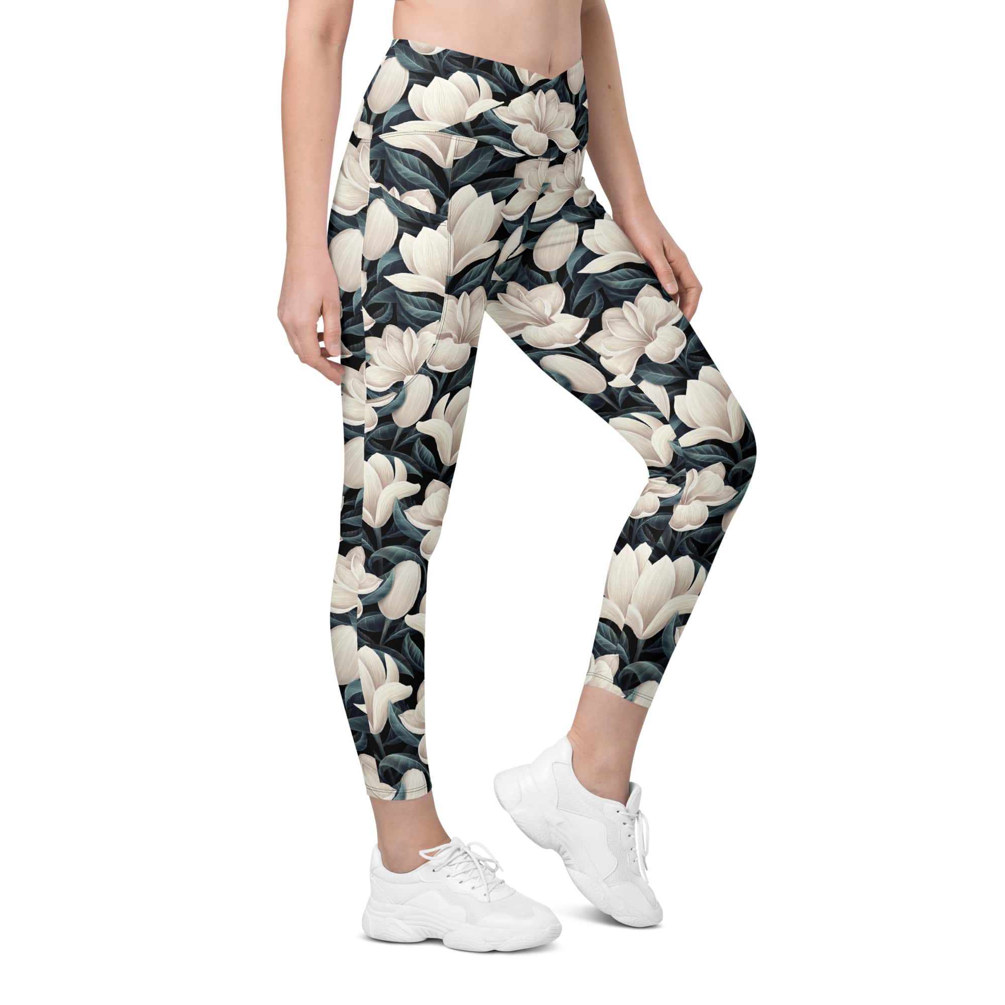 Midnight Magnolias Crossover Leggings With Pockets