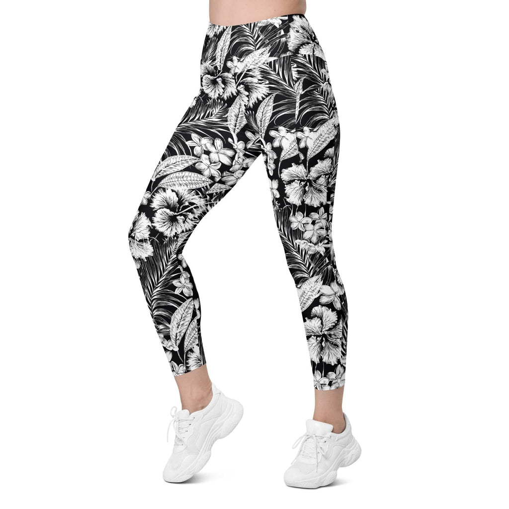 Monochrome Floral Leggings With Pockets