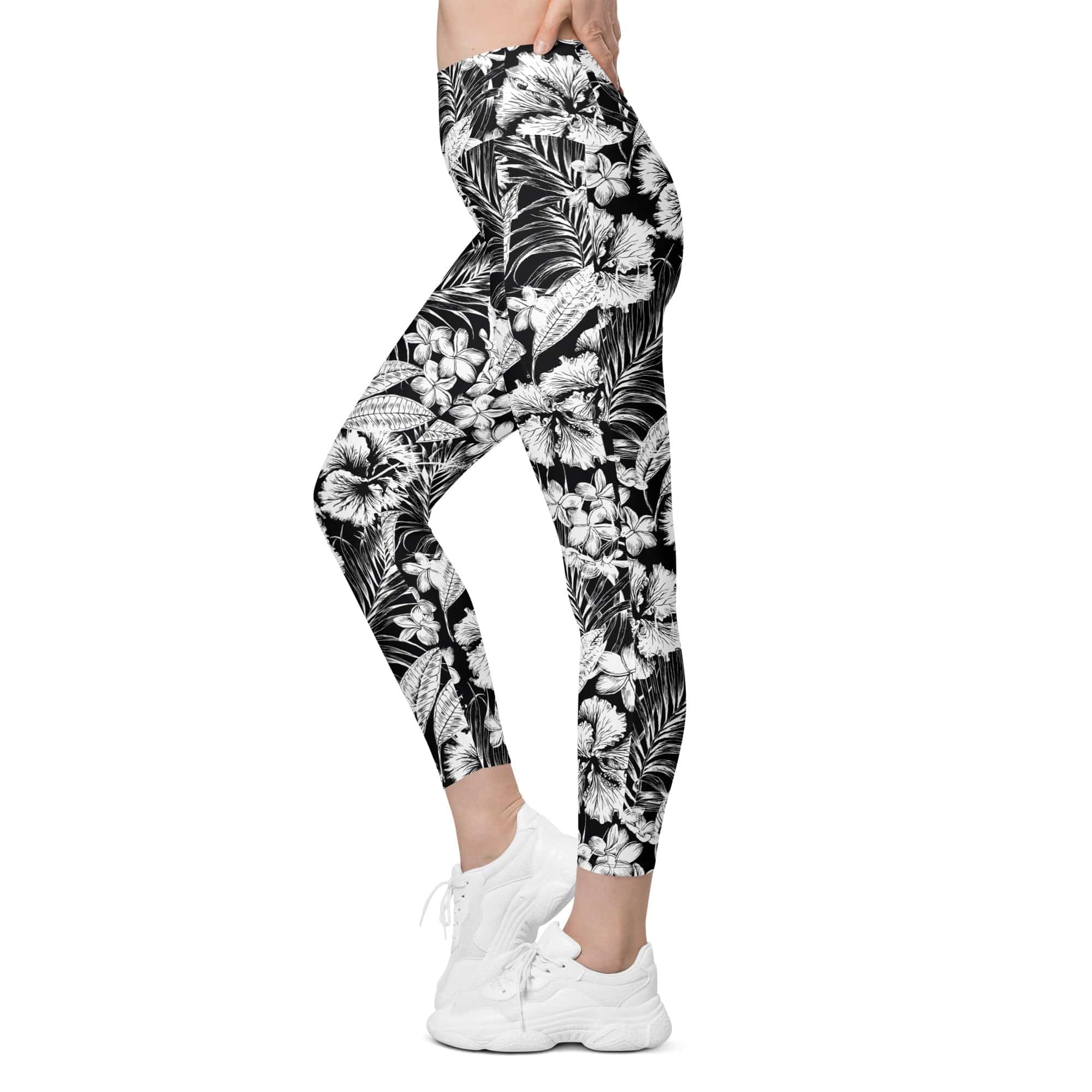 Monochrome Floral Leggings With Pockets