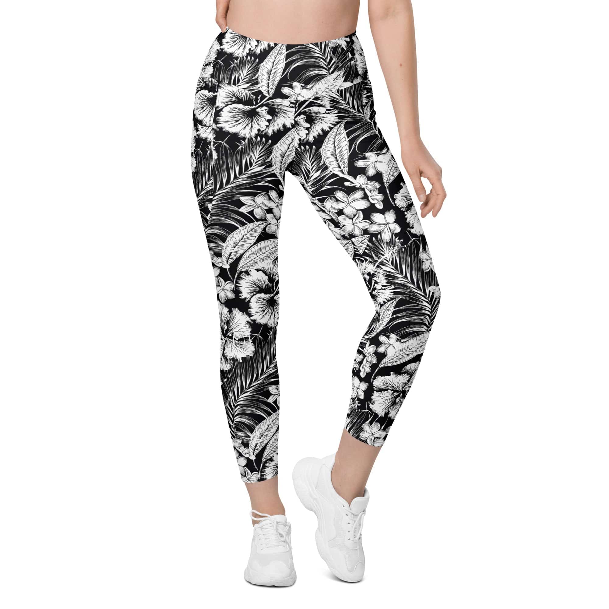 Monochrome Floral Leggings With Pockets