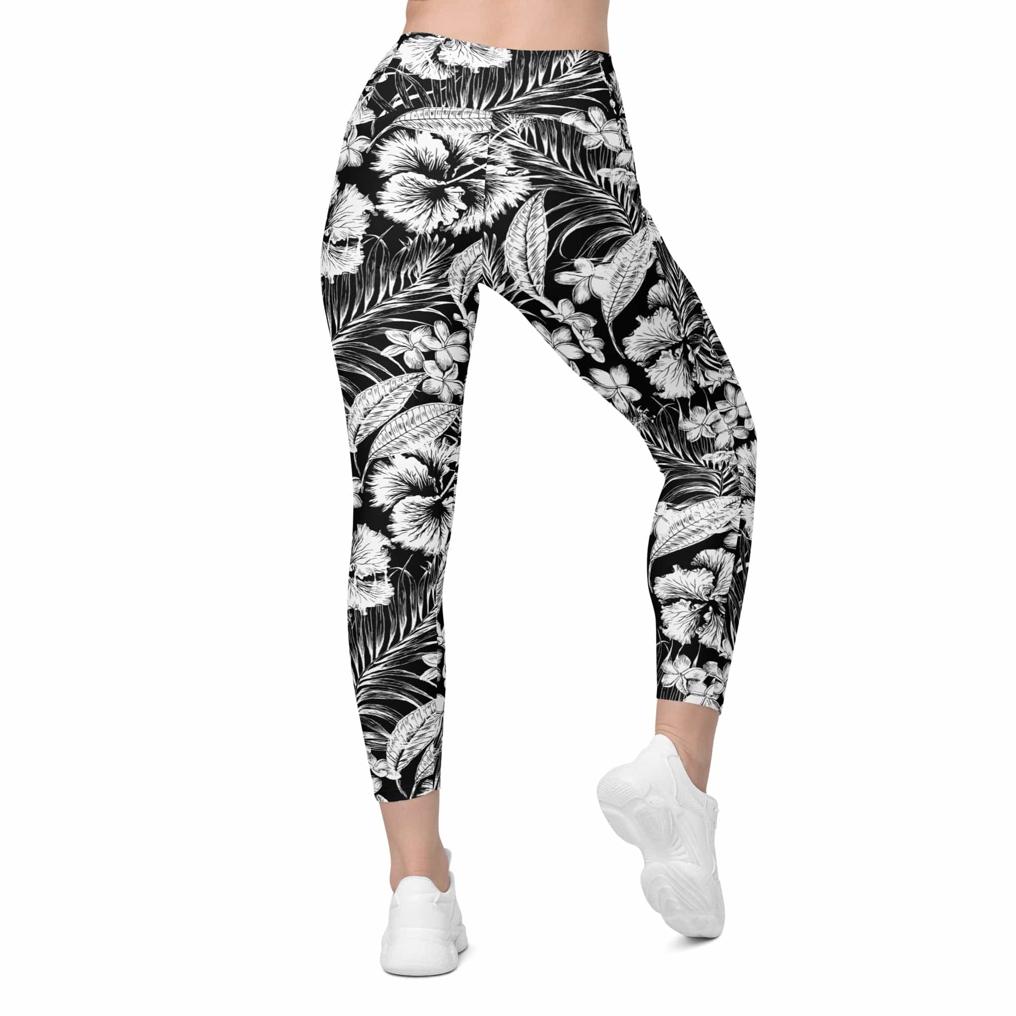 Monochrome Floral Leggings With Pockets