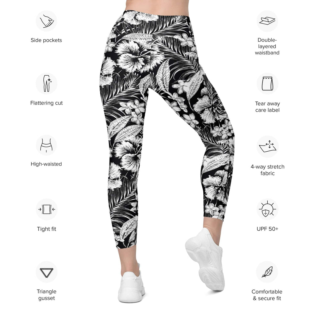 Monochrome Floral Leggings With Pockets