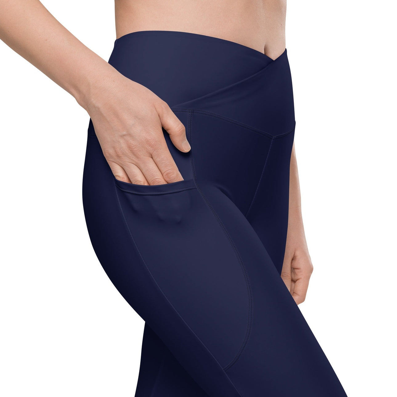 Navy Blue Crossover Leggings With Pockets