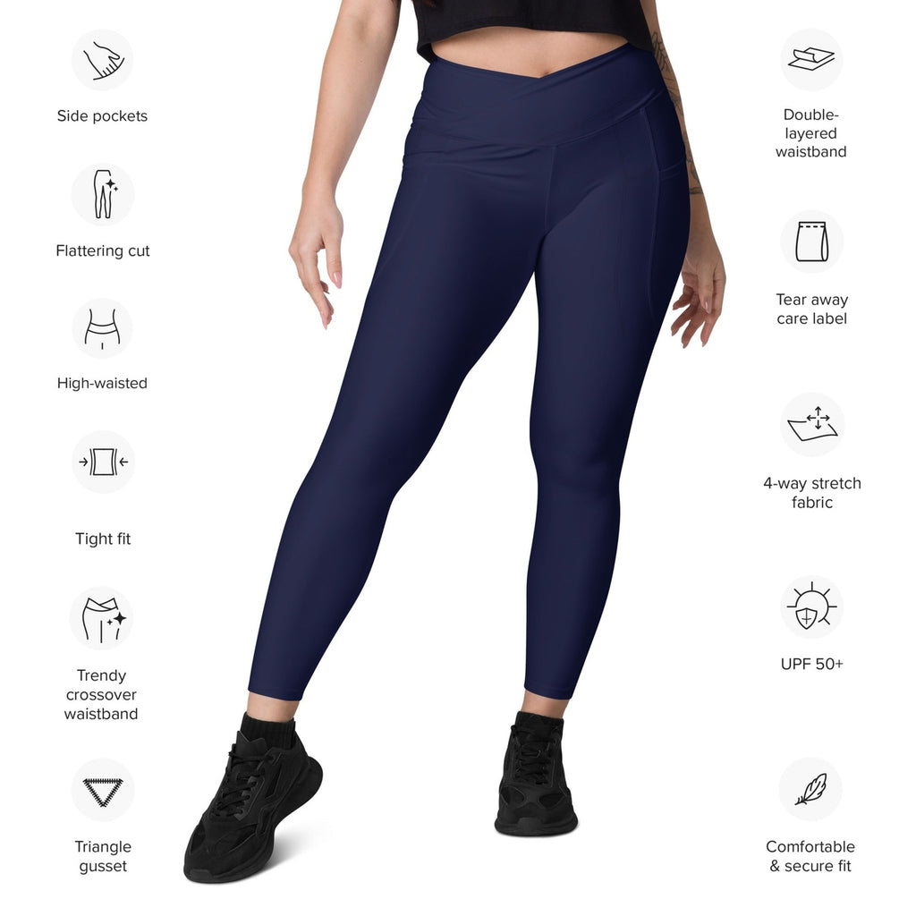 Navy Blue Crossover Leggings With Pockets