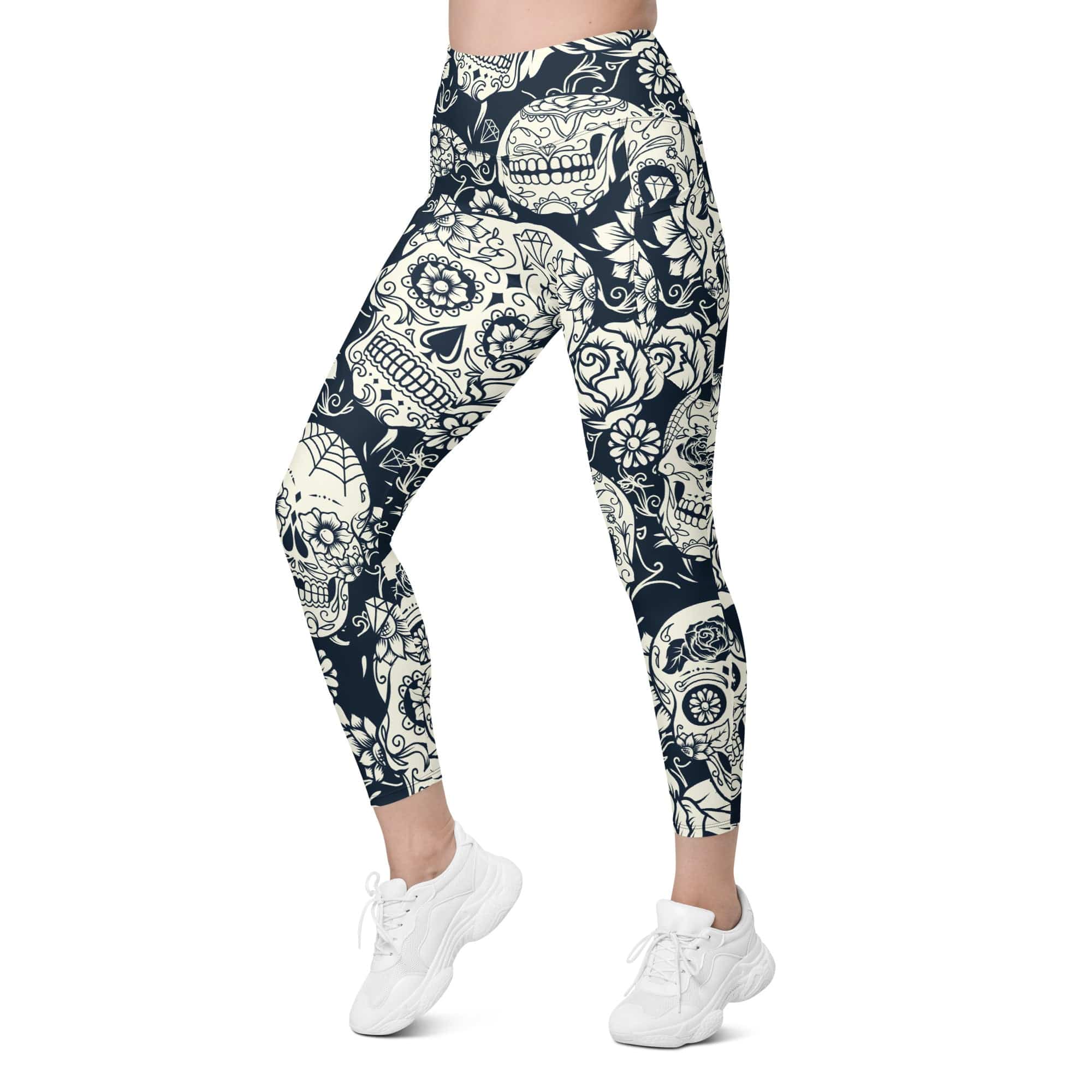 Navy Blue Skull Leggings With Pockets
