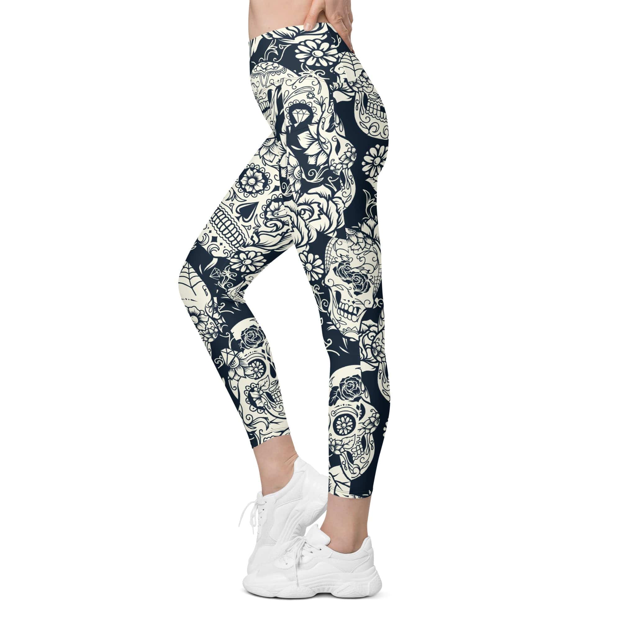Navy Blue Skull Leggings With Pockets