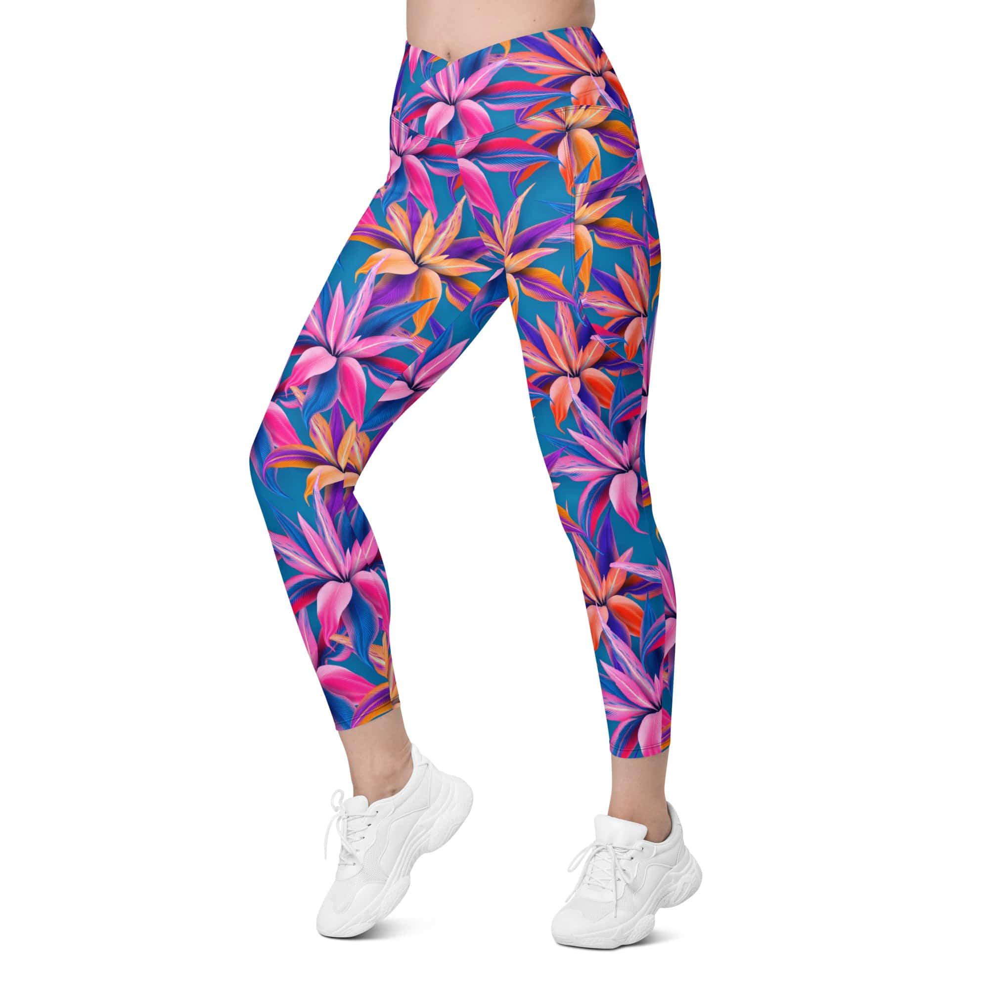 Neon Flower Rush Crossover Leggings With Pockets