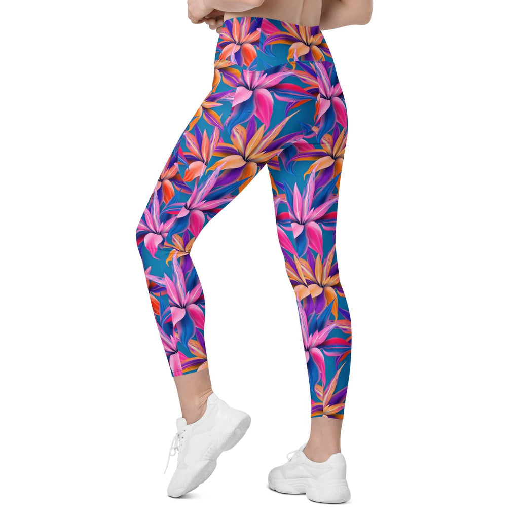 Neon Flower Rush Crossover Leggings With Pockets