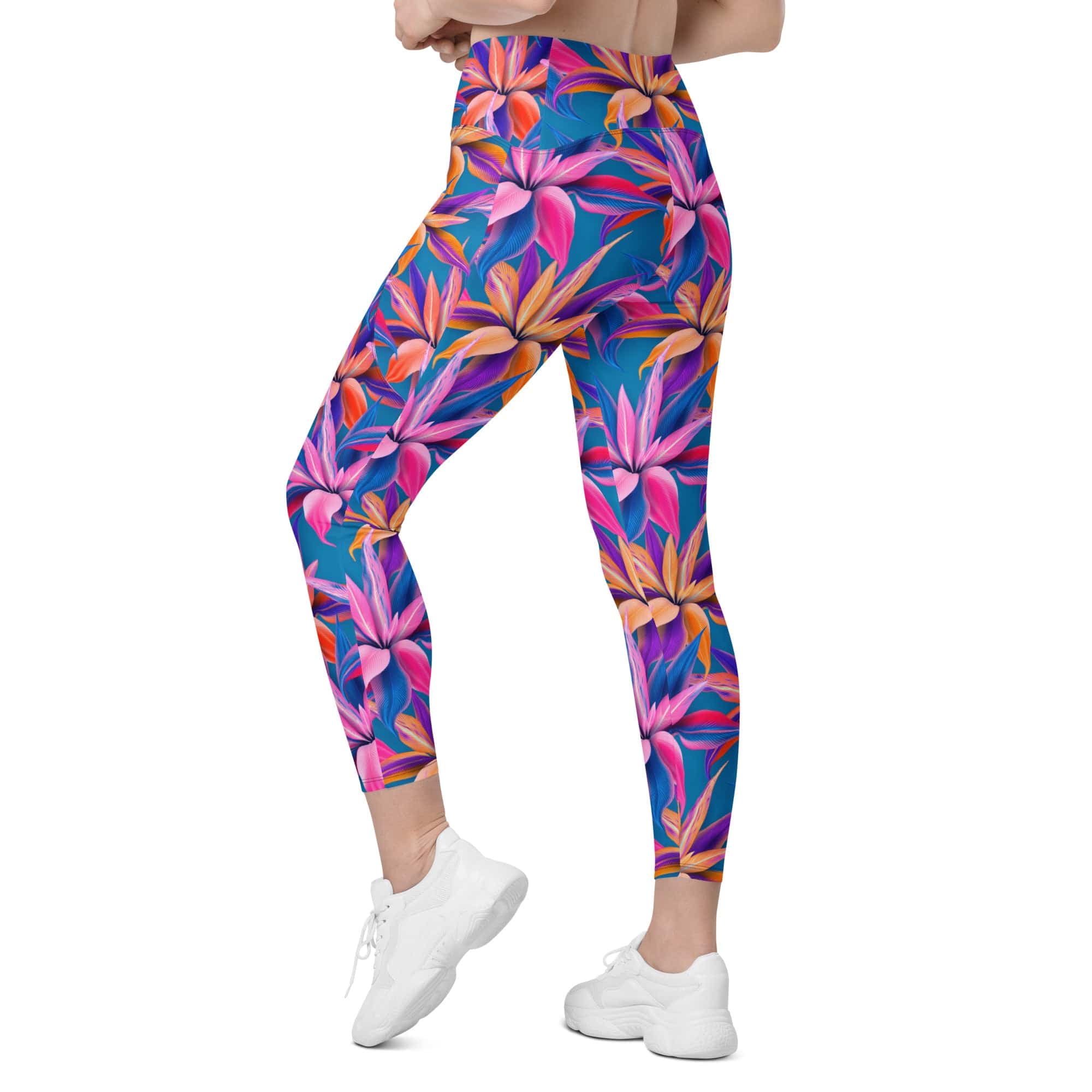 Neon Flower Rush Crossover Leggings With Pockets