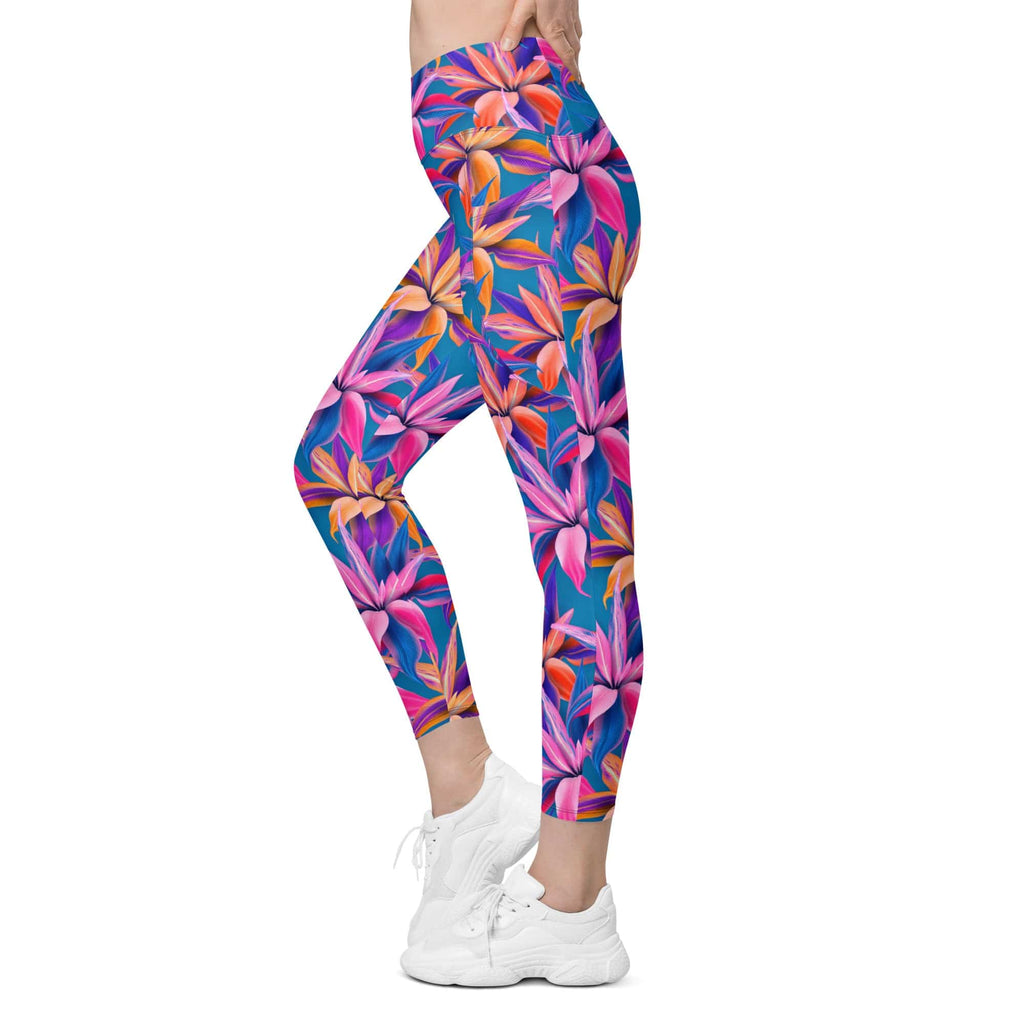 Neon Flower Rush Crossover Leggings With Pockets