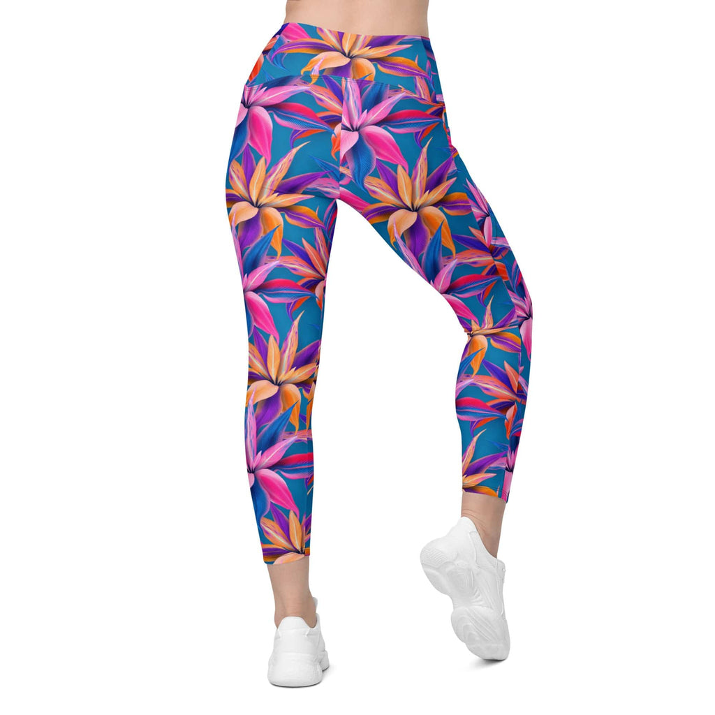 Neon Flower Rush Crossover Leggings With Pockets