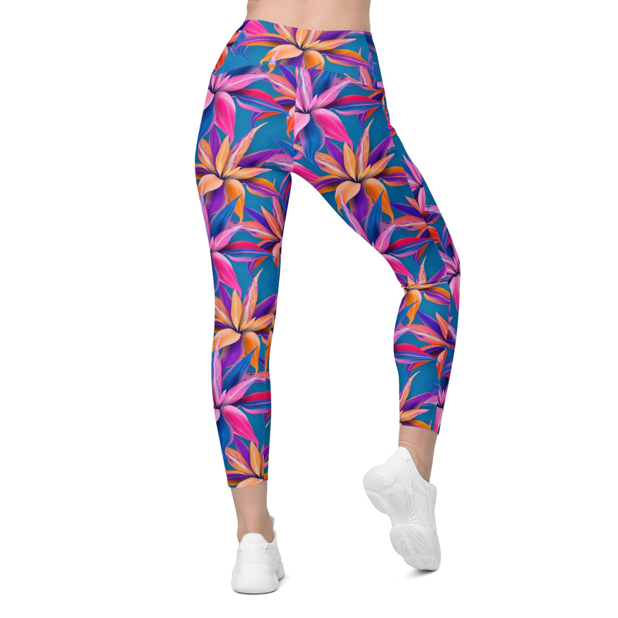 Neon Flower Rush Crossover Leggings With Pockets