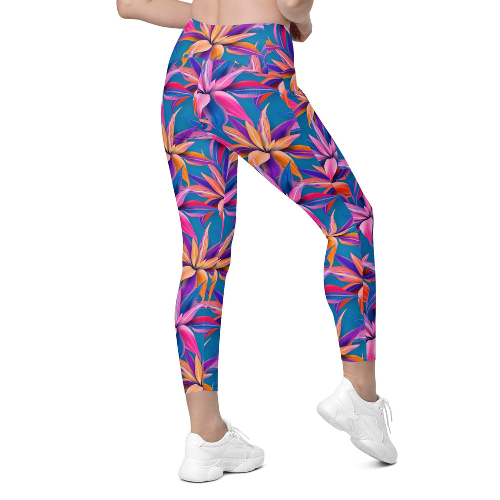 Neon Flower Rush Crossover Leggings With Pockets