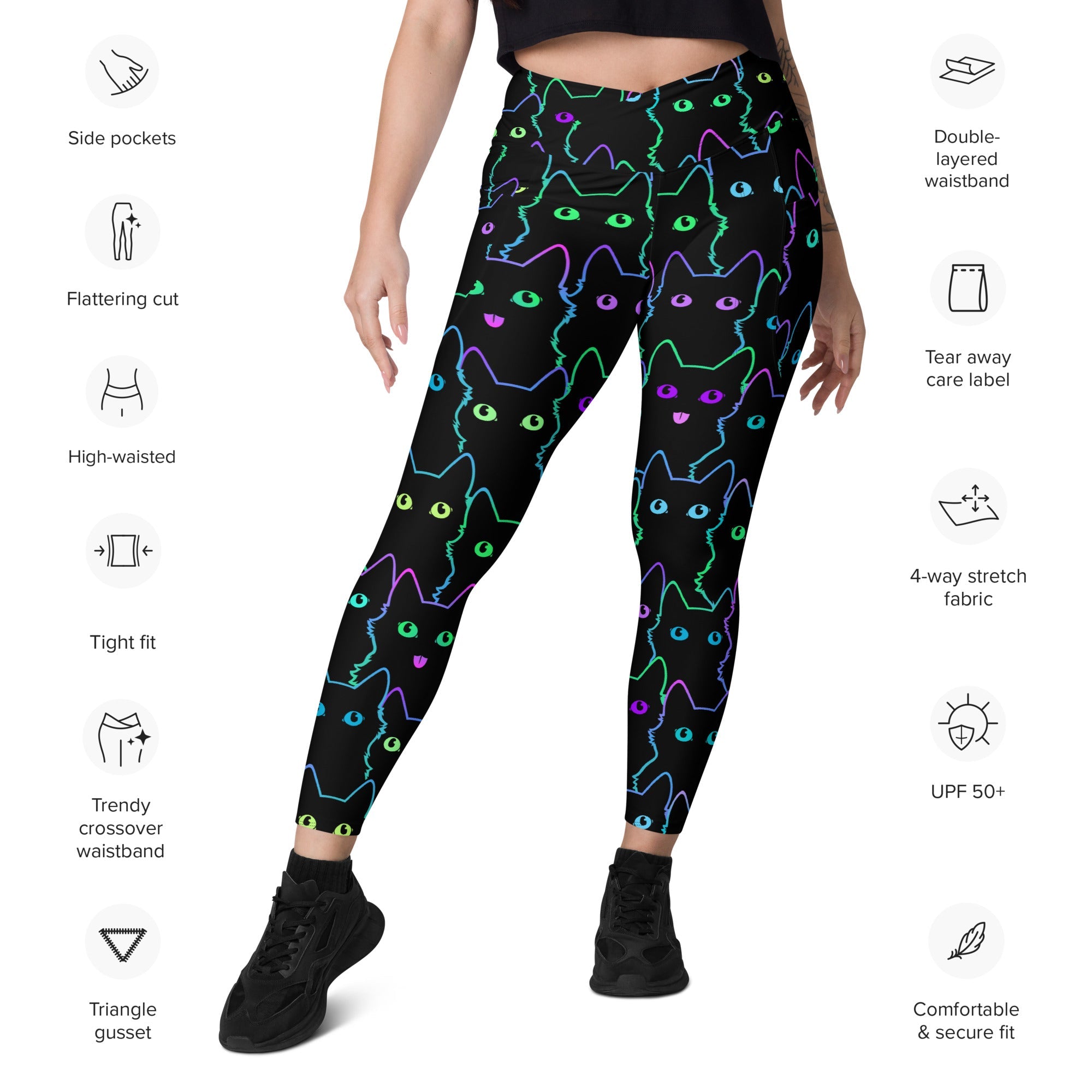 Neon Kitties Crossover Leggings With Pockets