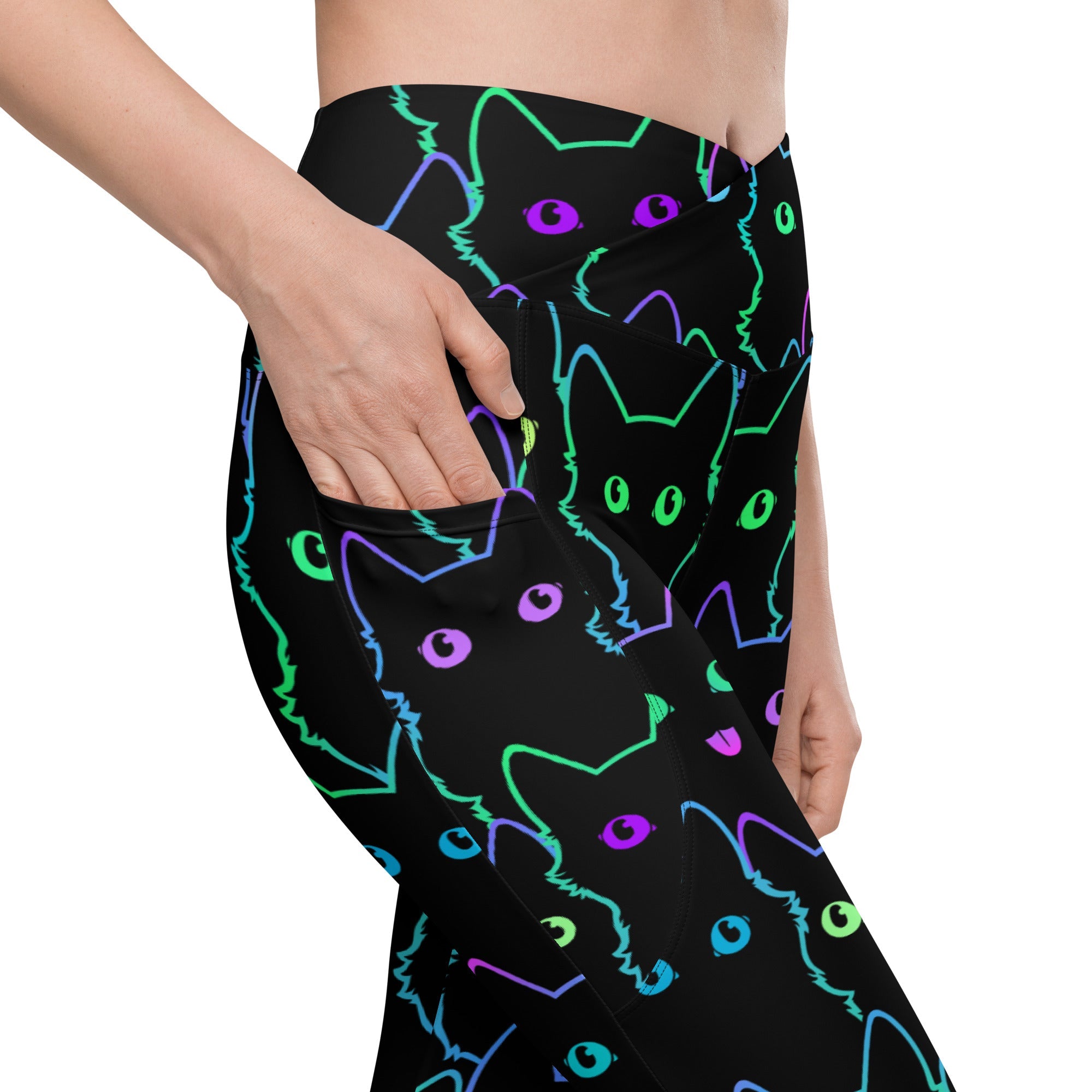 Neon Kitties Crossover Leggings With Pockets