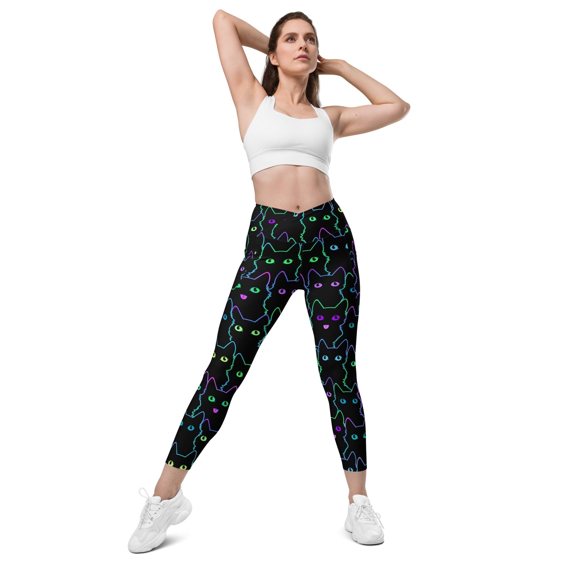 Neon Kitties Crossover Leggings With Pockets