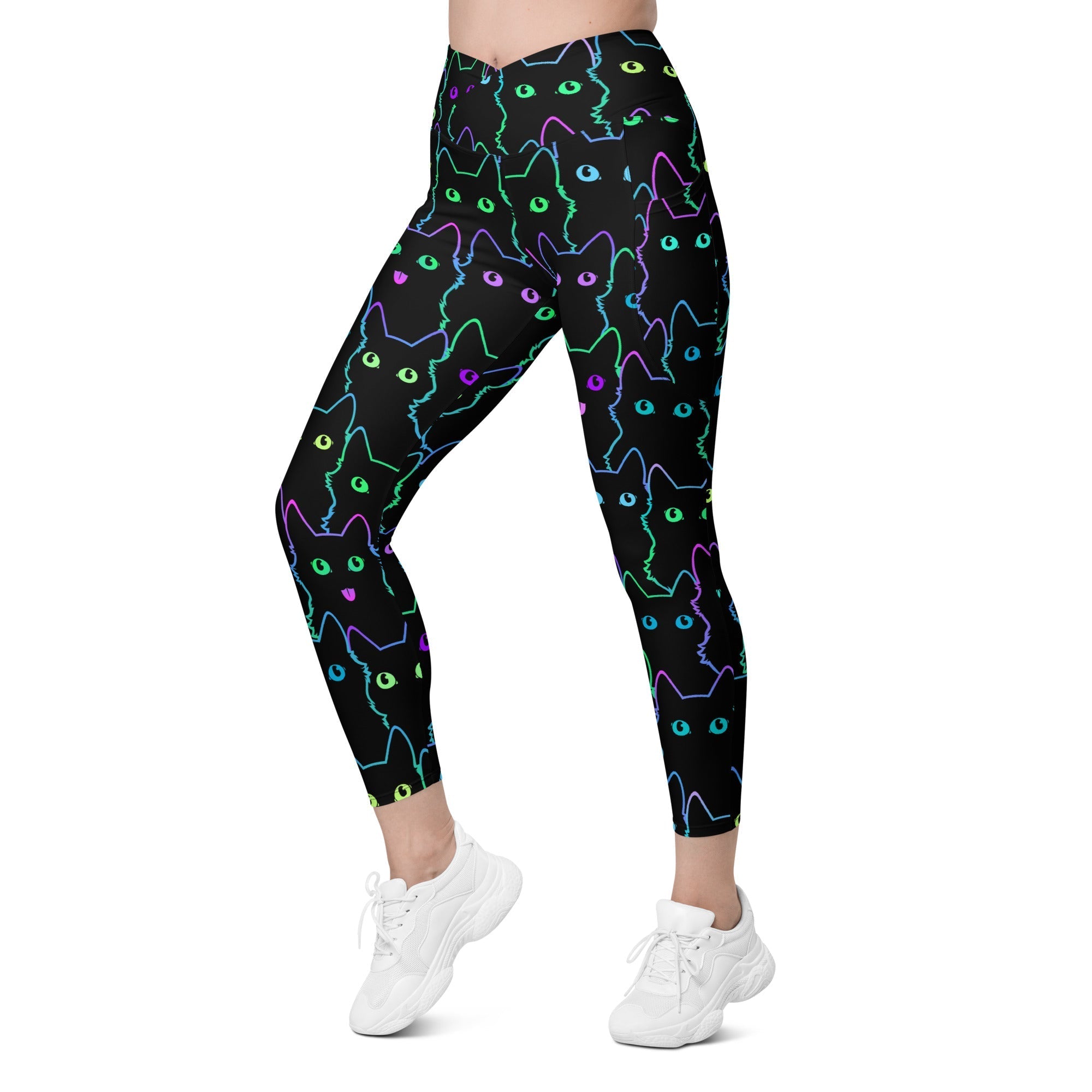 Neon Kitties Crossover Leggings With Pockets