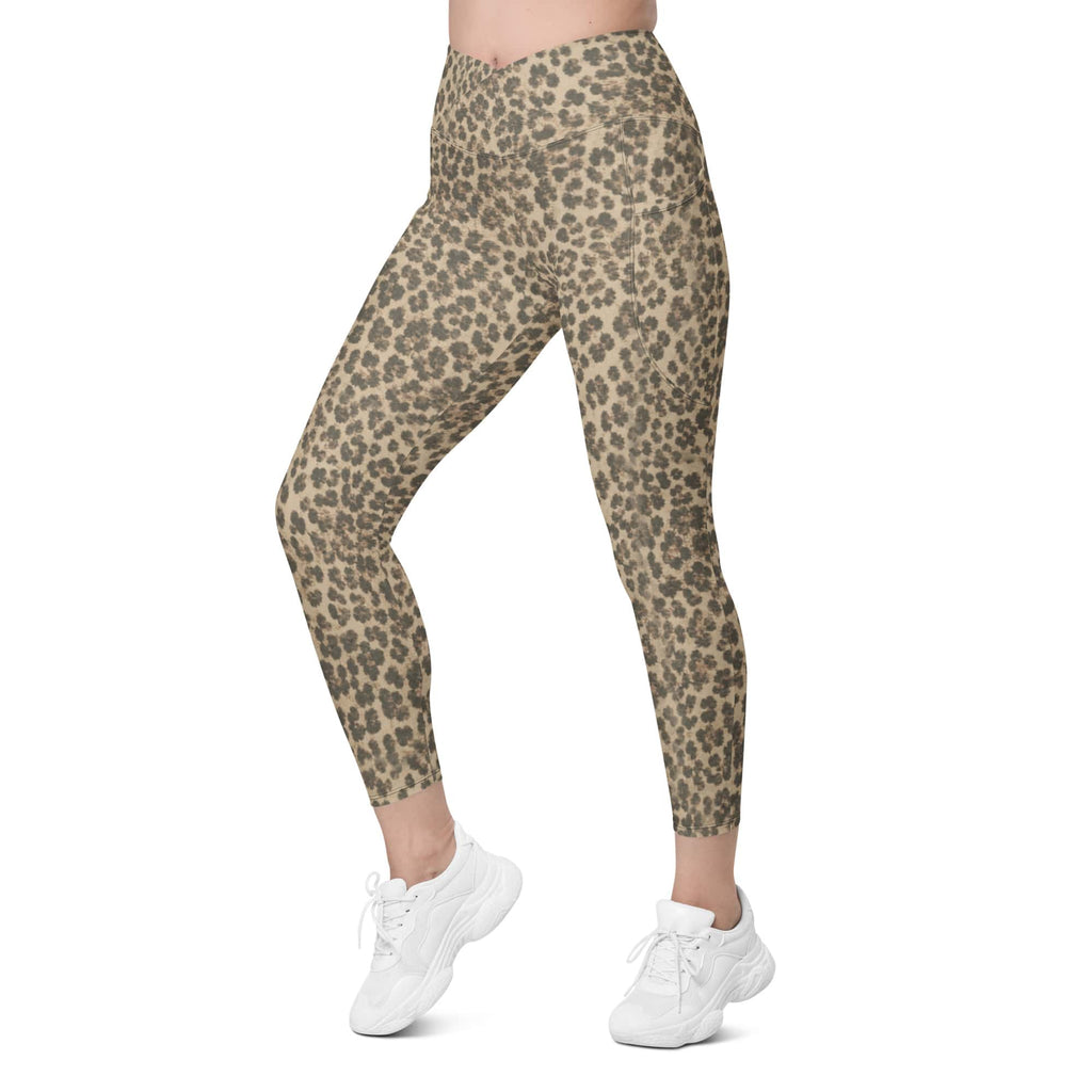 Neutral Leopard Crossover Leggings With Pockets
