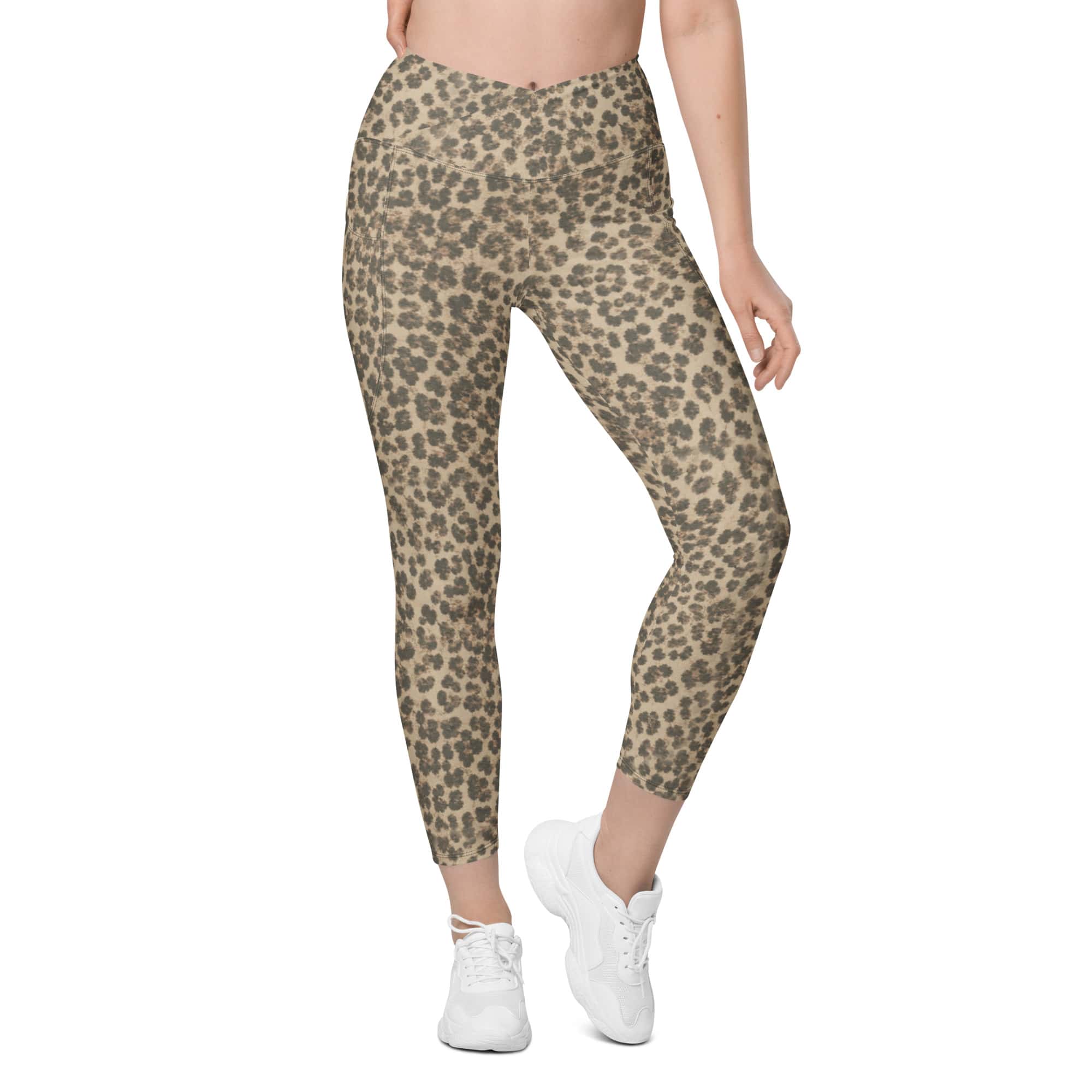 Neutral Leopard Crossover Leggings With Pockets