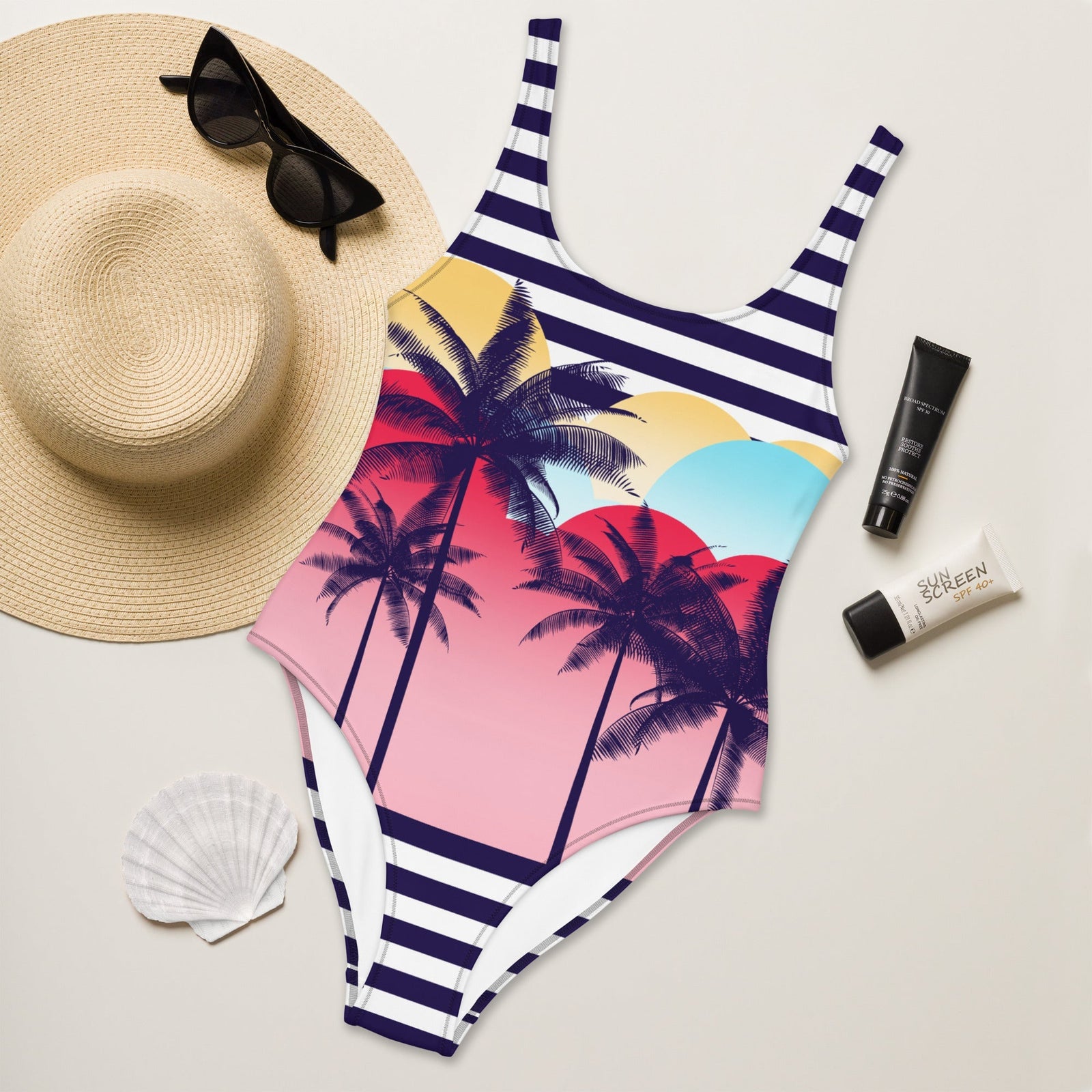Surf & turf one piece swimsuit - palm tree stripe main image 1